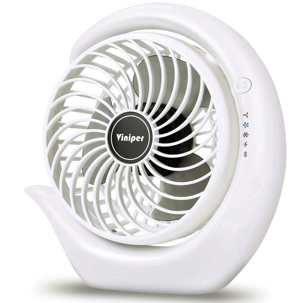 Viniper portable desk fan in white with black blades, compact desk design for personal cooling.