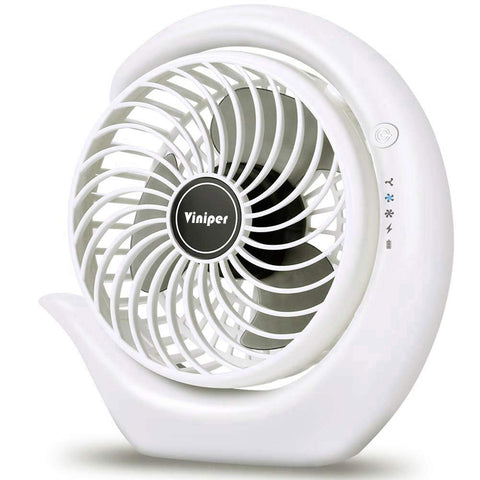 Viniper portable desk fan in white with black blades, compact desk design for personal cooling.