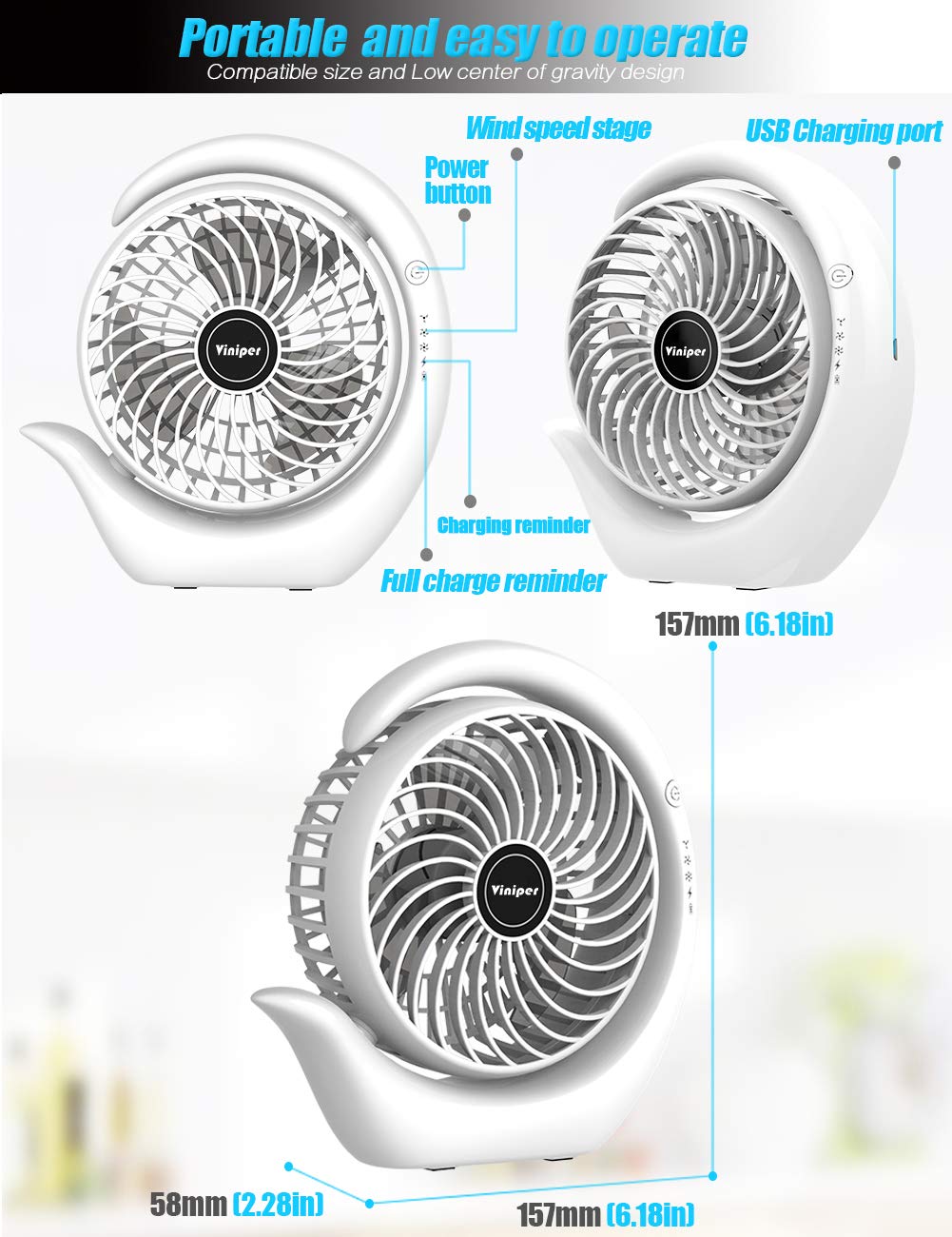 Viniper fan with USB charging port for easy charging on the go.