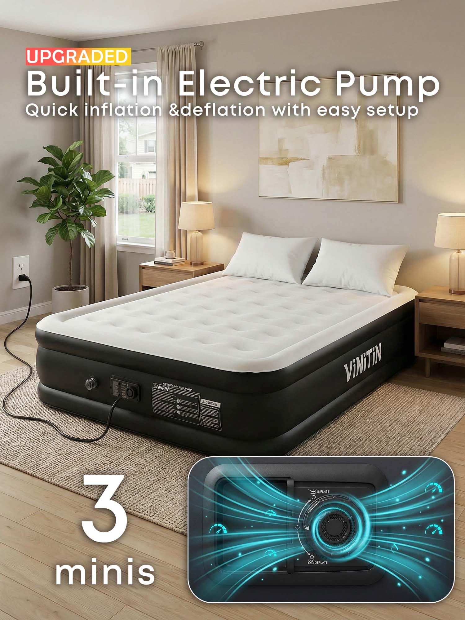 Vinitin queen air mattress 16-inch elevation for easy entry and secure sleeping.