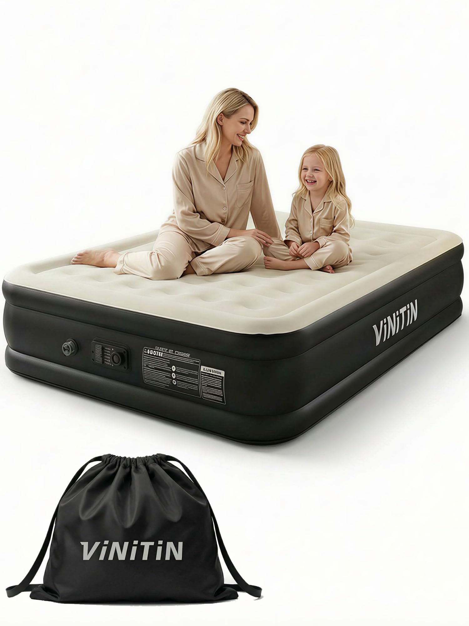 Vinitin queen air mattress built-in pump enables fast setup for guests.