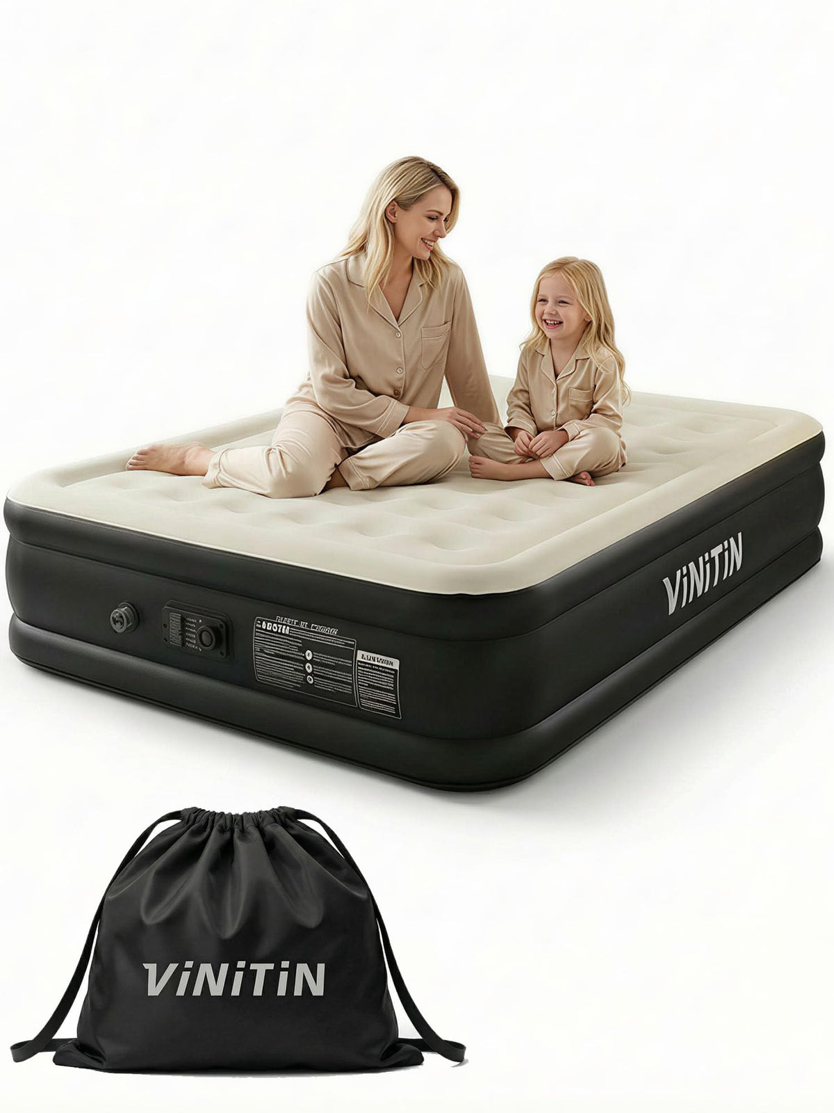 Vinitin queen air mattress built-in pump enables fast setup for guests.