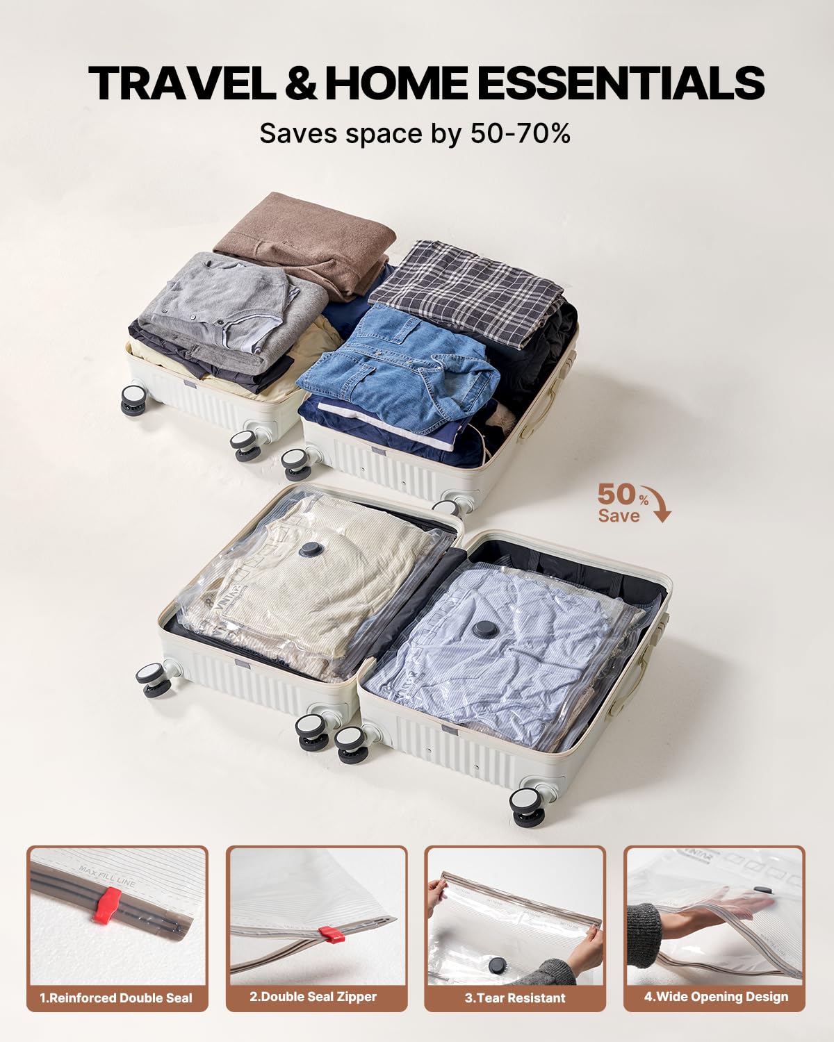 Transparent PVC+PE bags protect clothing while letting you see contents.