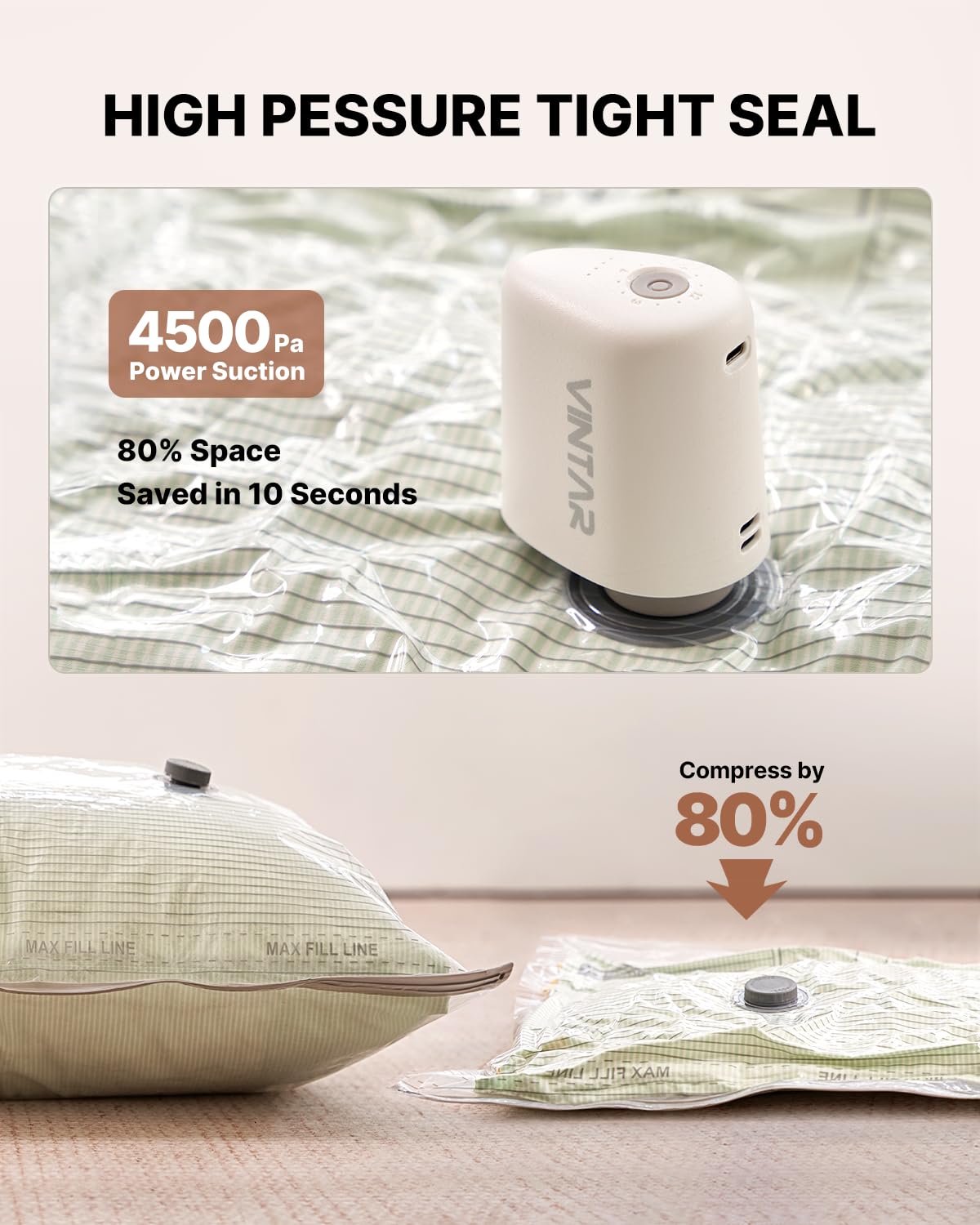 VINTAR cordless pump shows rapid compression for quicker packing.