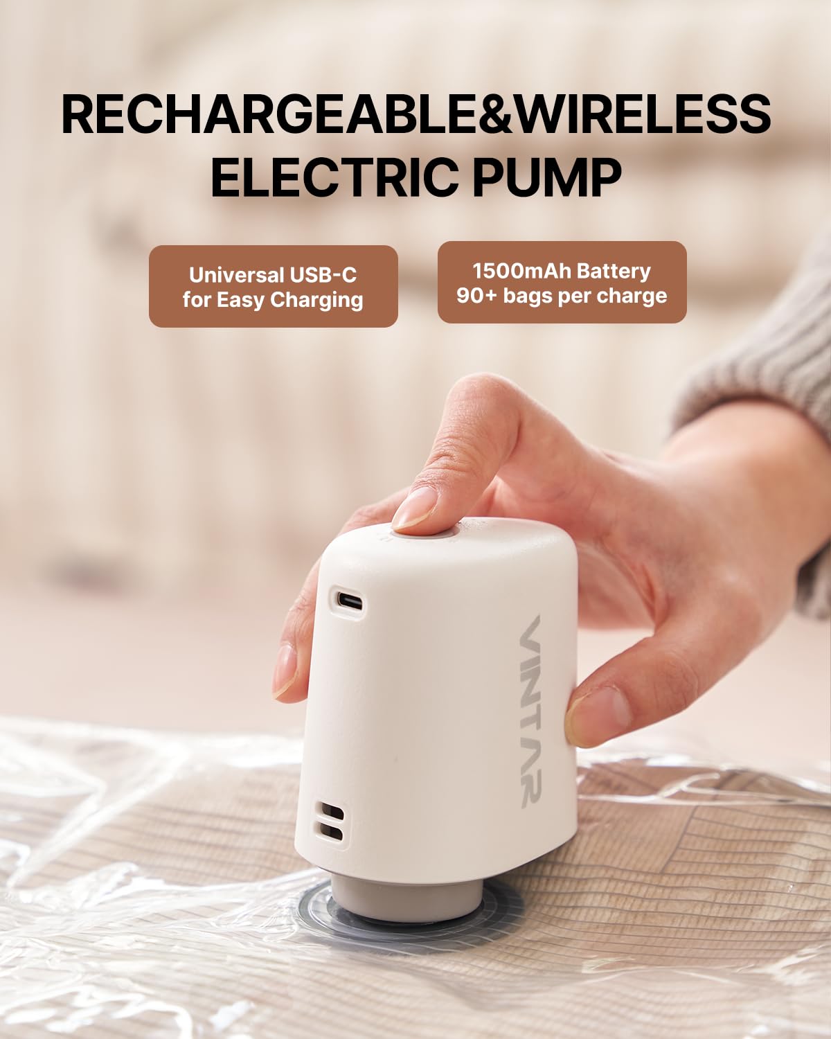 VINTAR cordless pump in luggage compresses clothing quickly