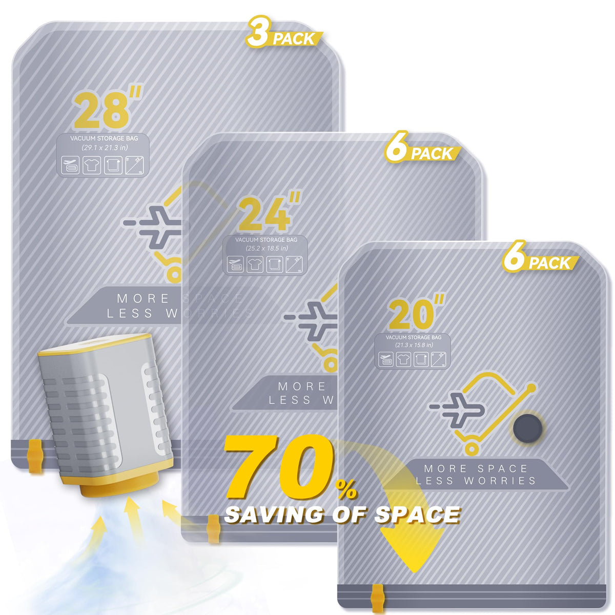 Viokei 15-pack vacuum bags with travel pump for compact packing.