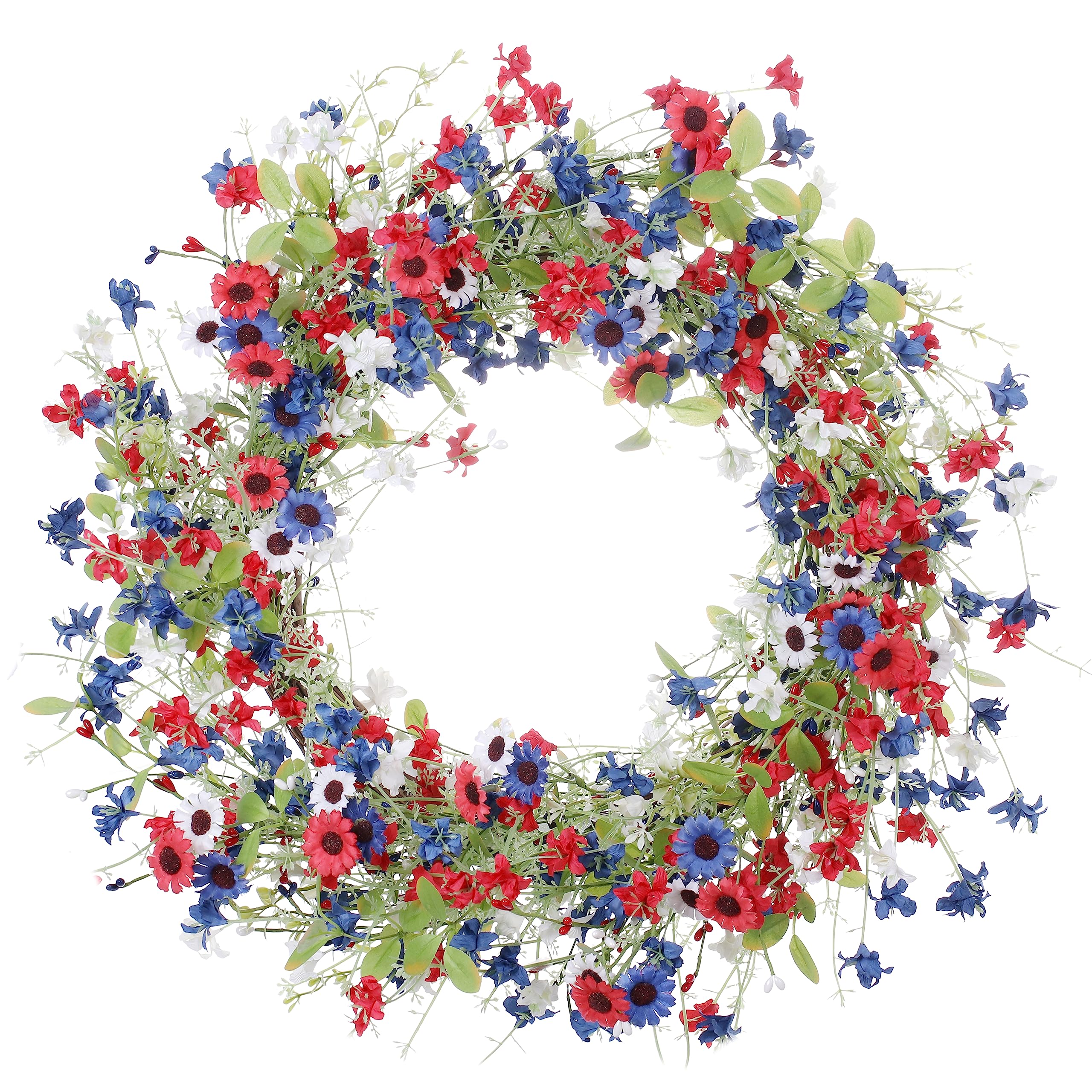 VioletEverGarden patriotic wreath on front door with red white blue colors.