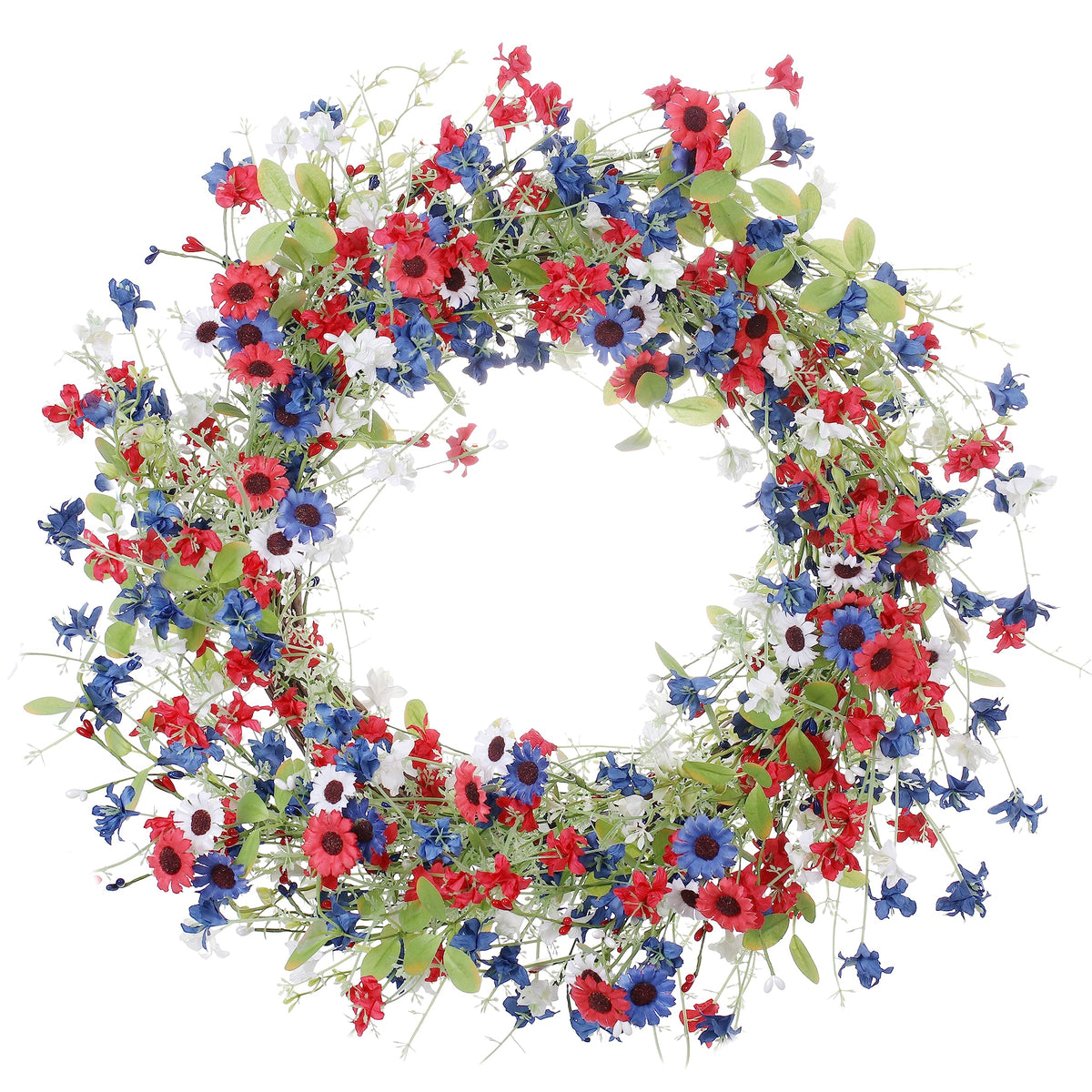 VioletEverGarden patriotic wreath on front door with red white blue colors.
