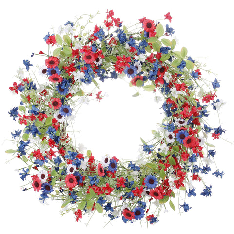 VioletEverGarden patriotic wreath on front door with red white blue colors.