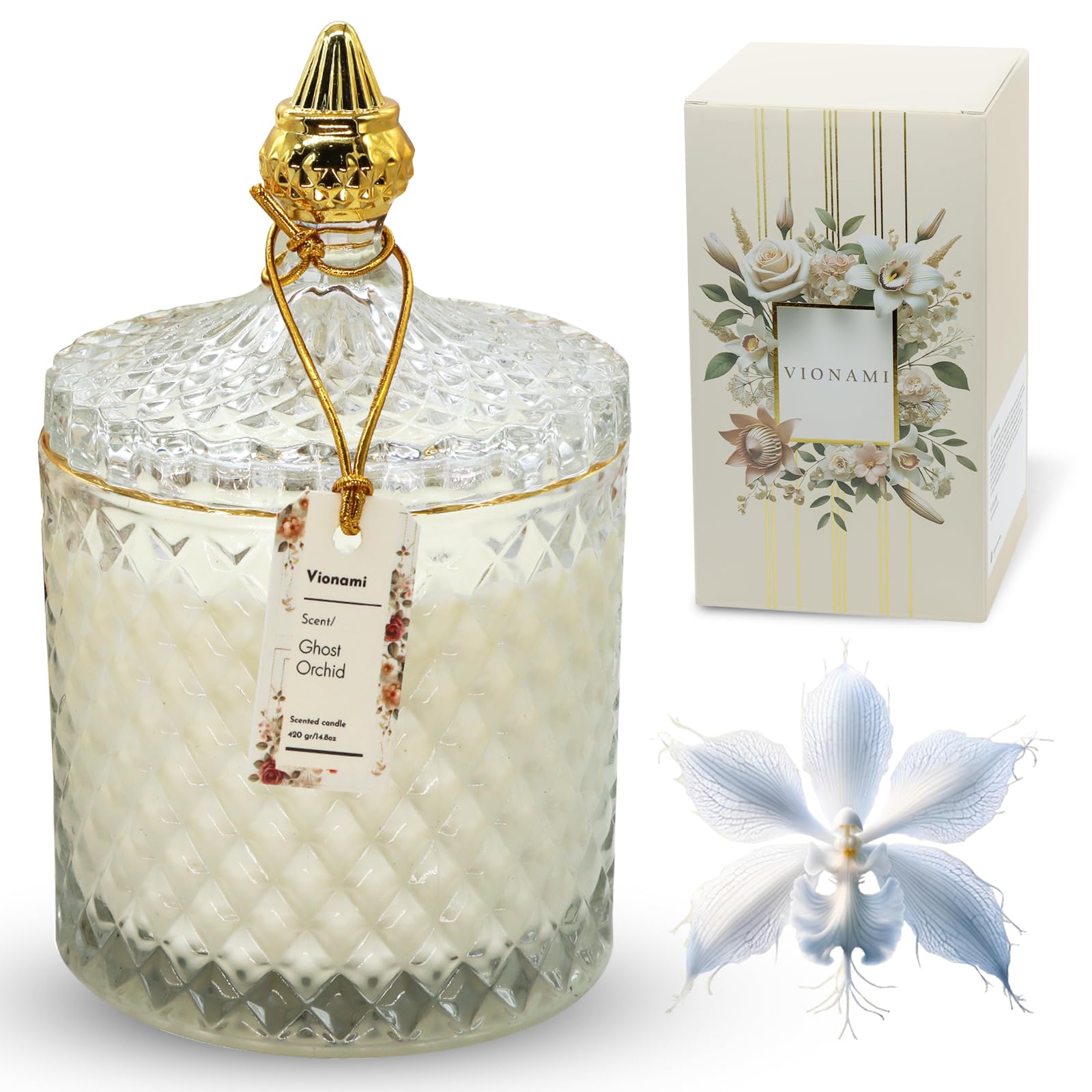VIONAMI ghost orchid candle in elegant glass jar for stylish home decor.