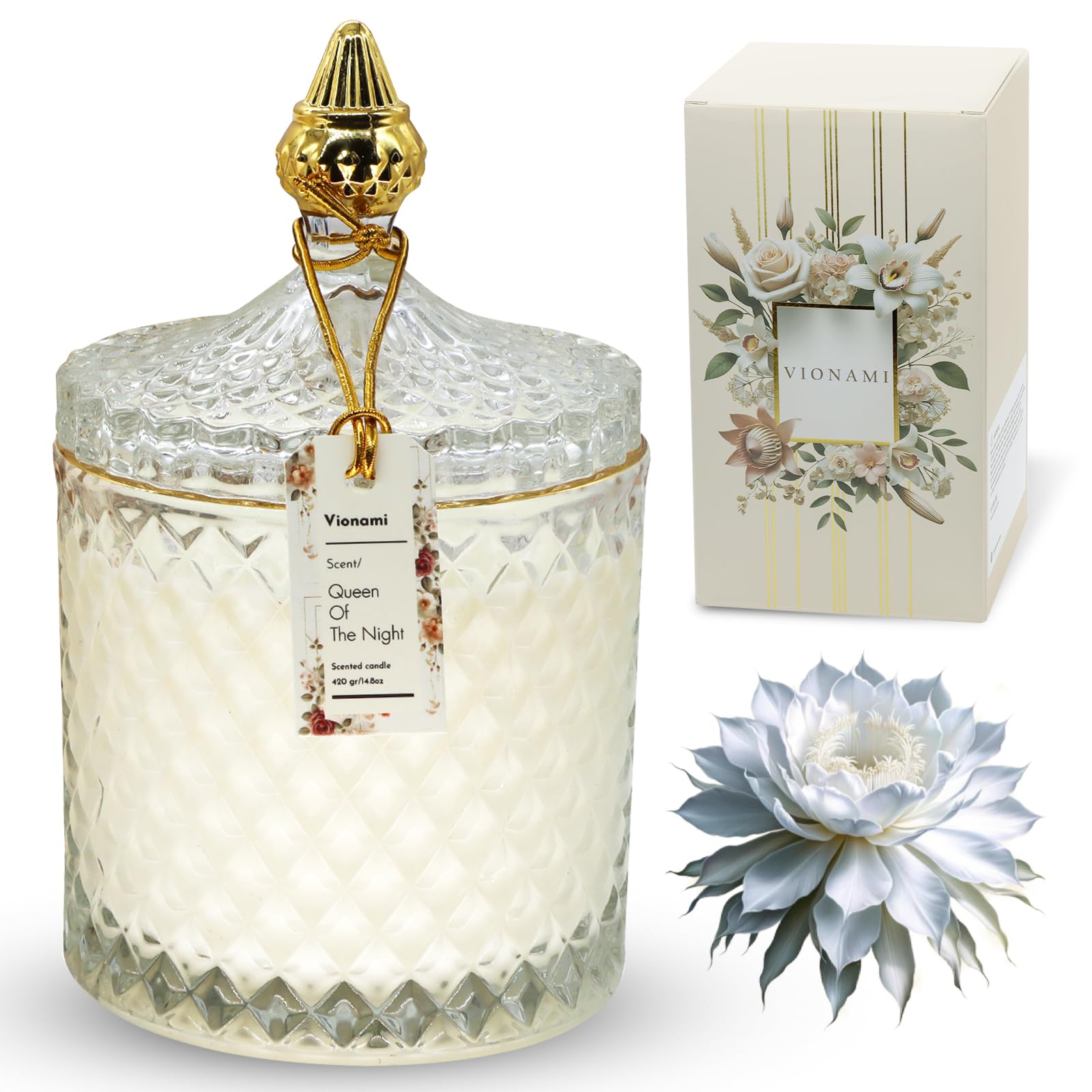 VIONAMI Queen of The Night candle in a glass jar adds elegant room ambiance.