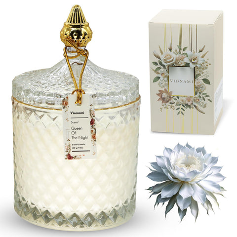 VIONAMI Queen of The Night candle in a glass jar adds elegant room ambiance.