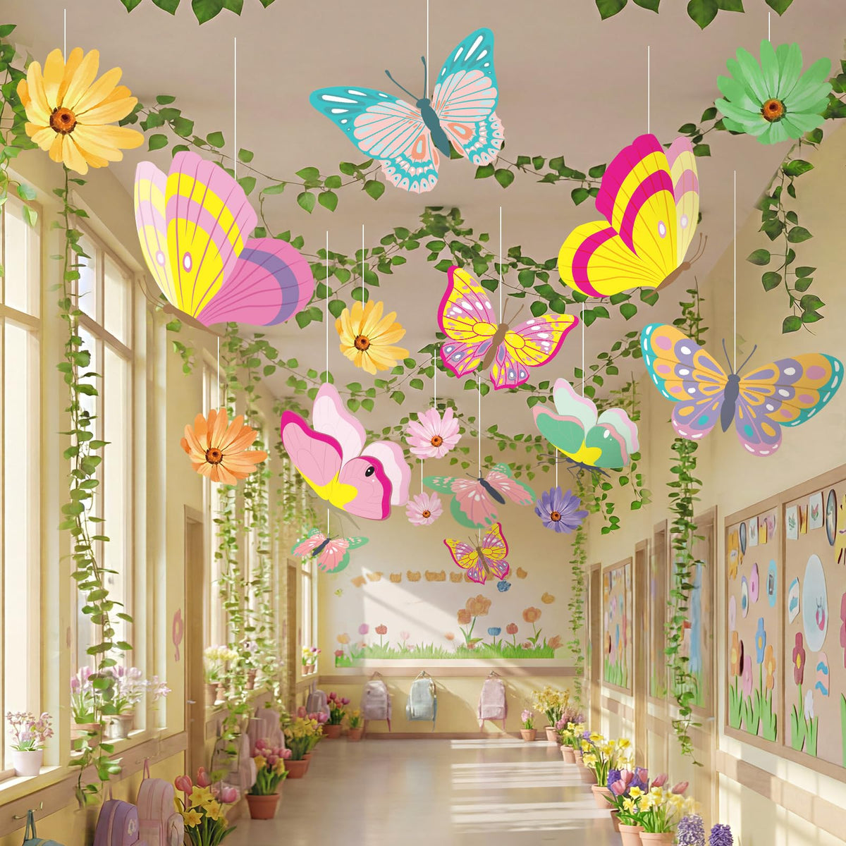 VioraWhite butterfly bloom garland brightens classroom ceilings