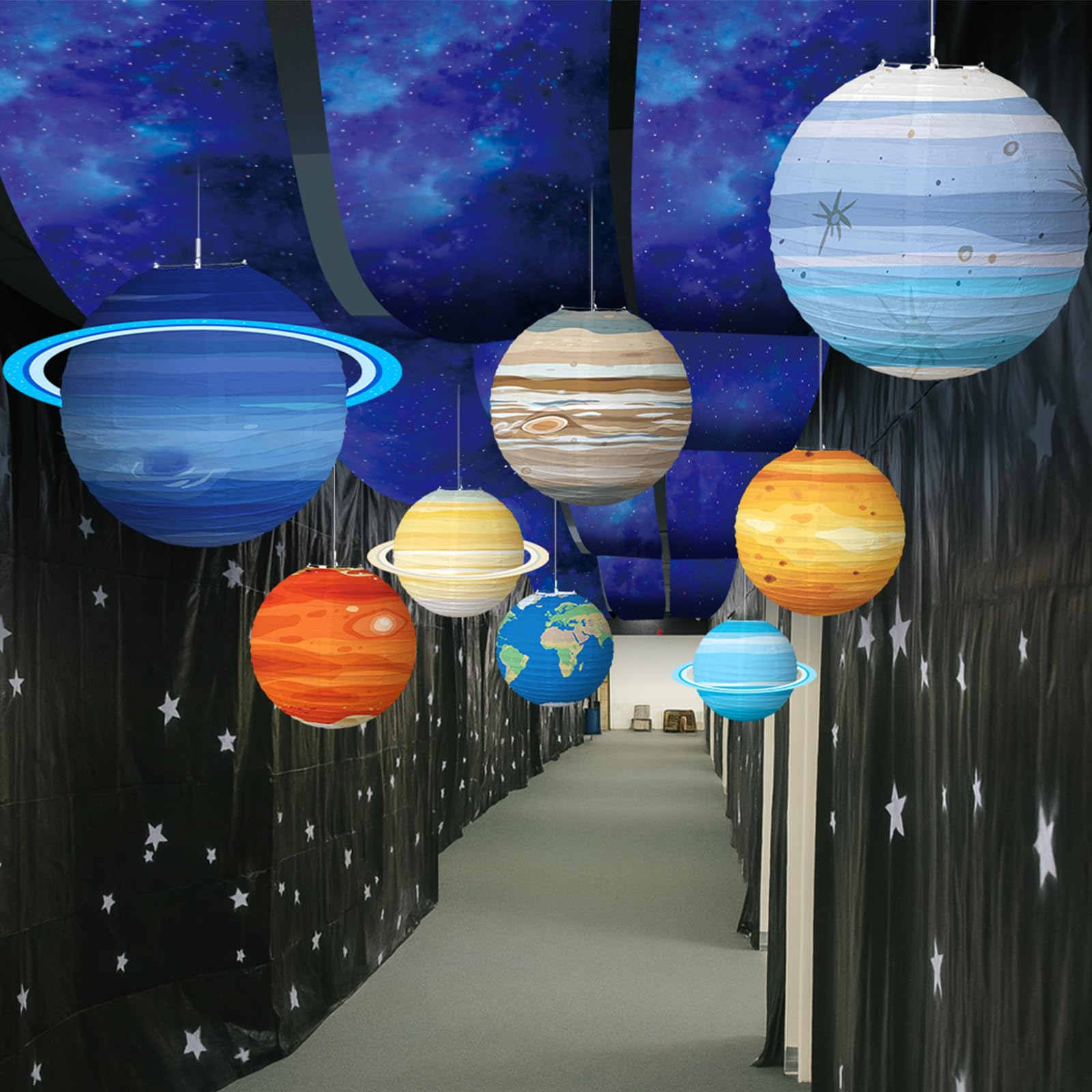 VioraWhite galaxy sky backdrop enhances classroom ambiance and visual focus.
