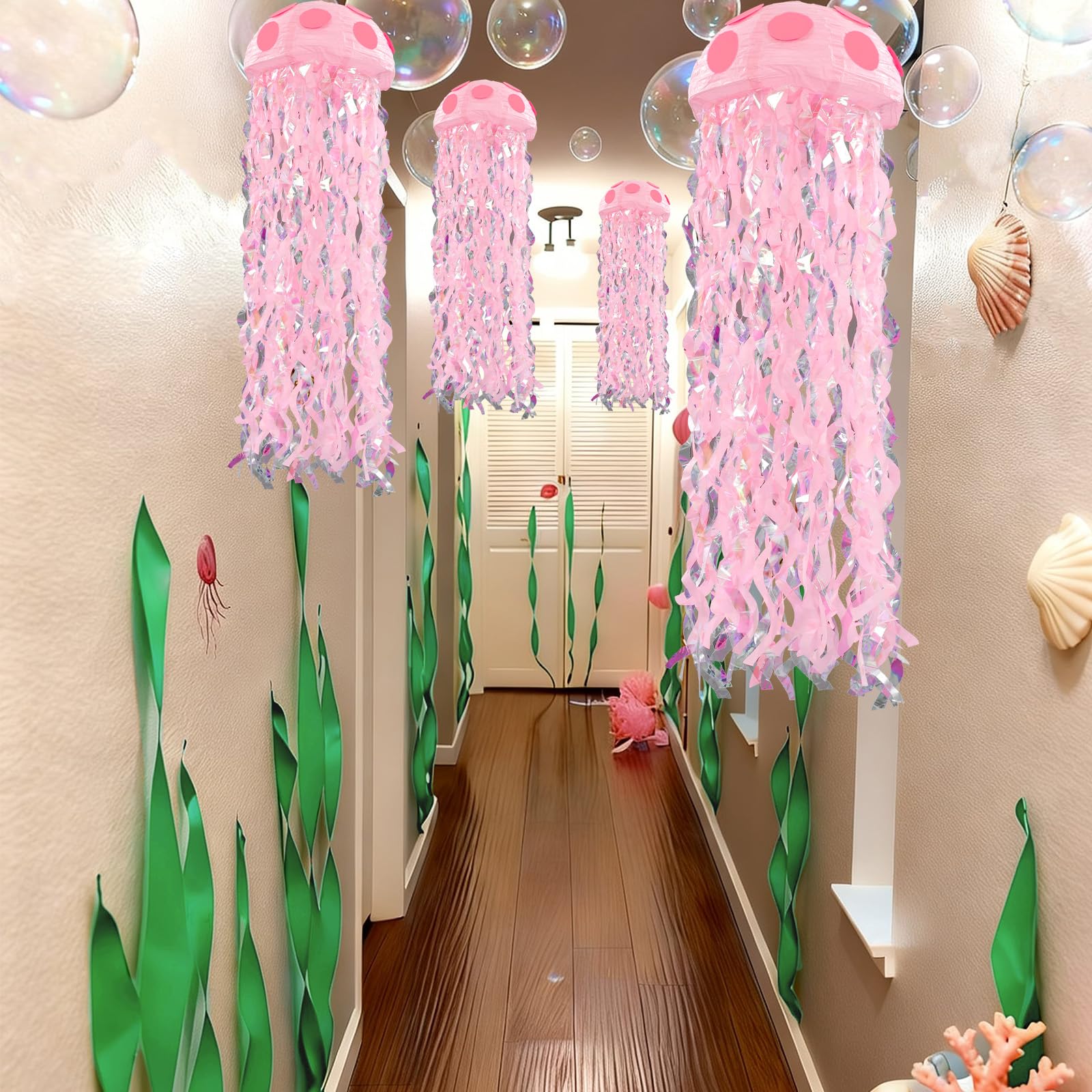 VioraWhite rainbow bubble garlands drape overhead with shimmer