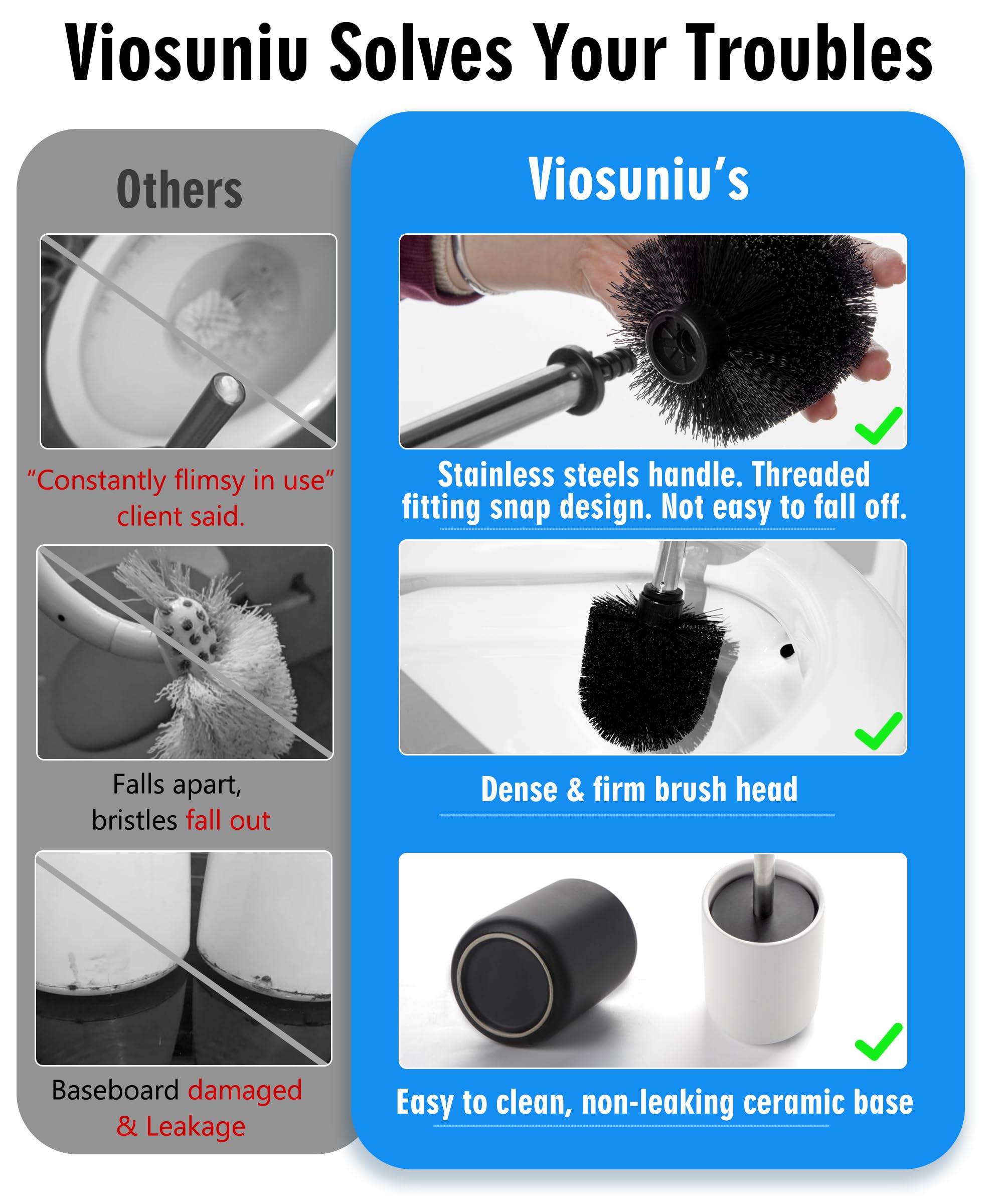 Viosuniu medium nylon bristle brush cleans effectively while protecting porcelain.