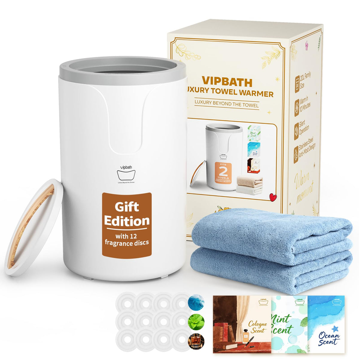 VIPBATH 20L towel warmer front view showing even warmth for spa-like comfort