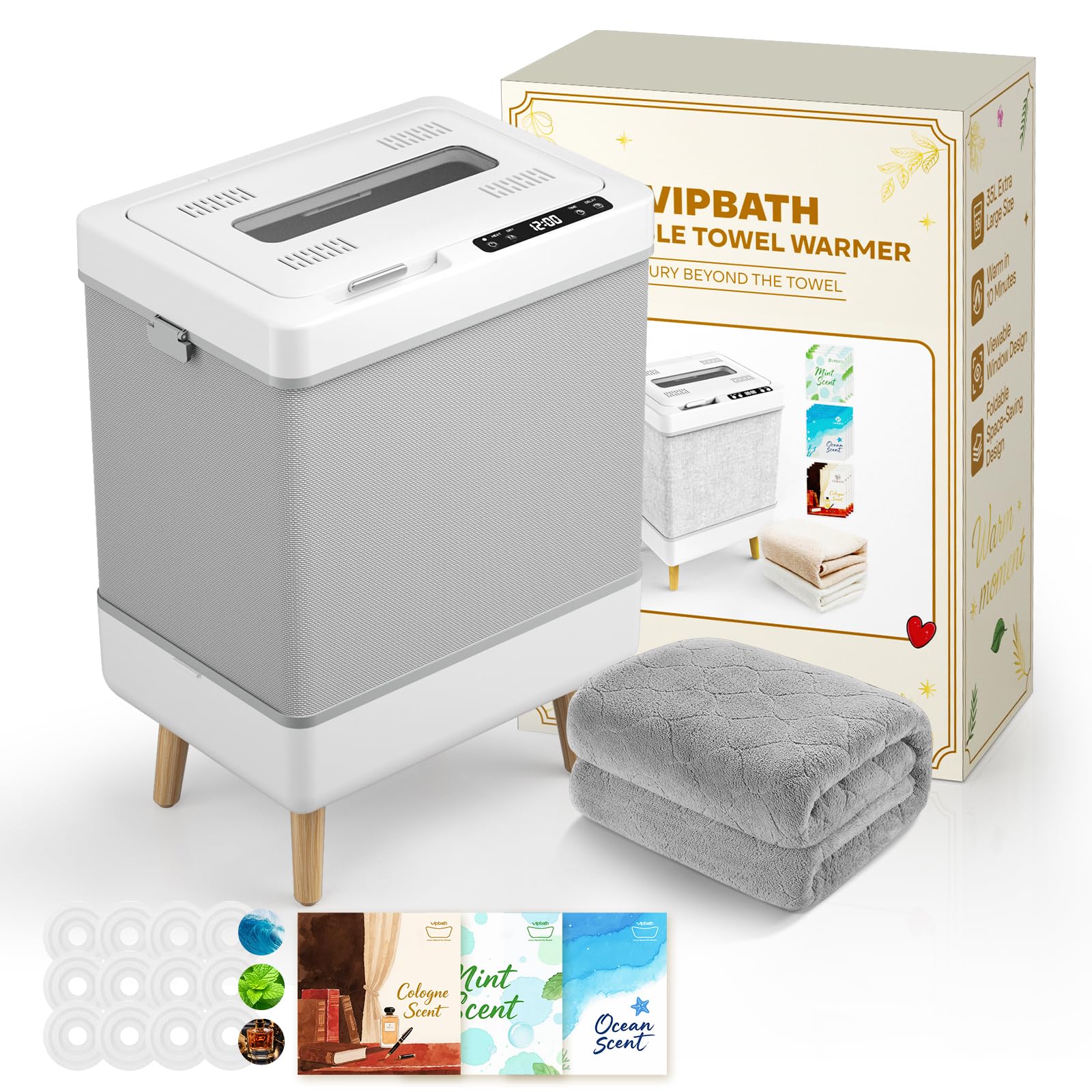 VIPBATH 35L towel warmer with window view shows towels inside for quick warmth