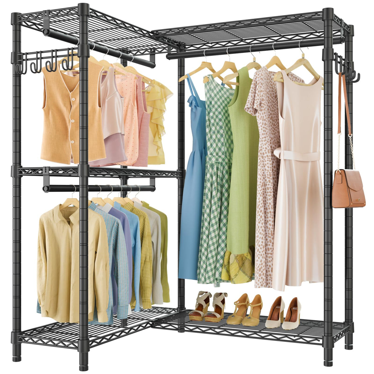 VIPEK L4 Garment Rack corner setup demonstrates space-saving corner storage.
