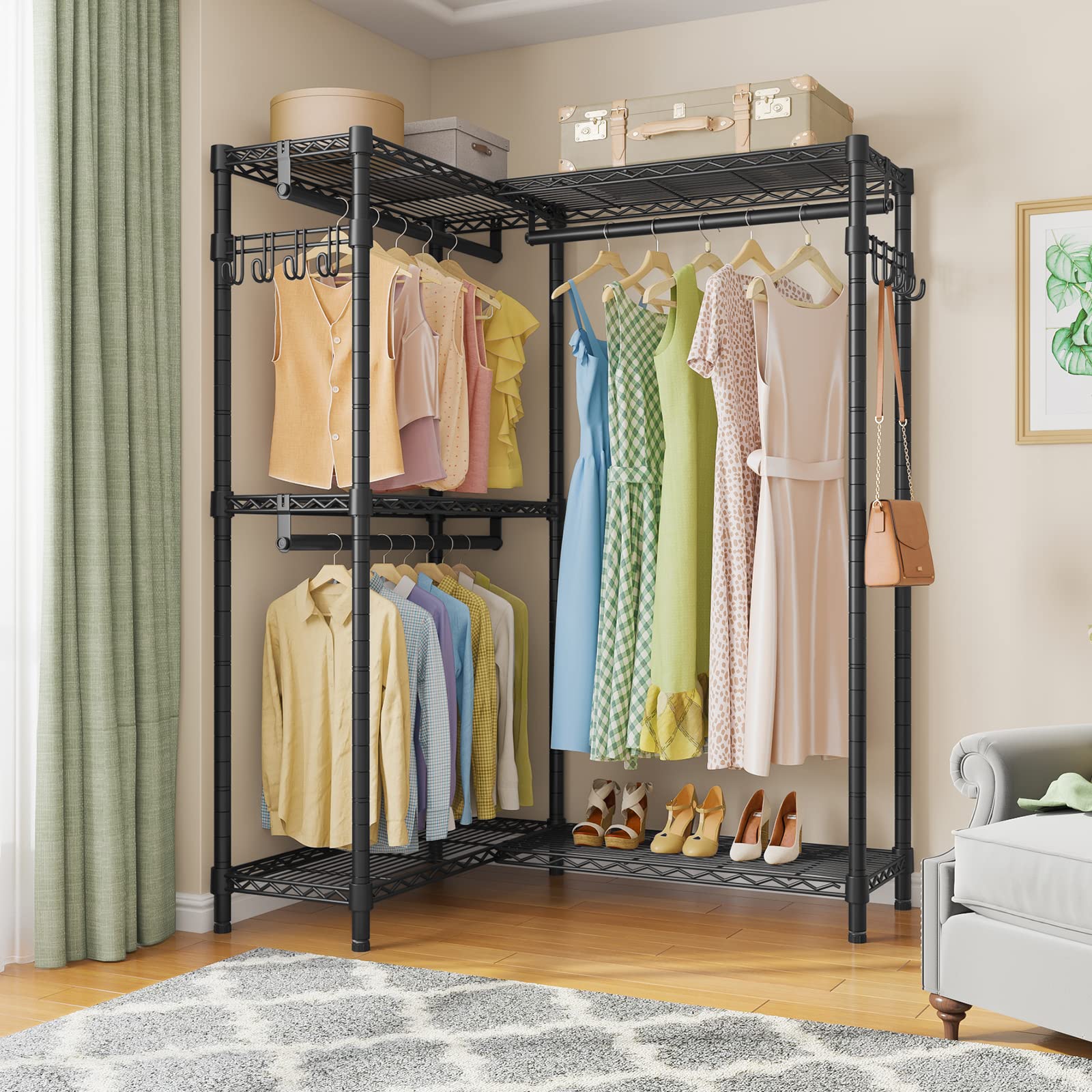 VIPEK L4 Garment Rack straight-line configuration shows flexible layout for larger spaces.