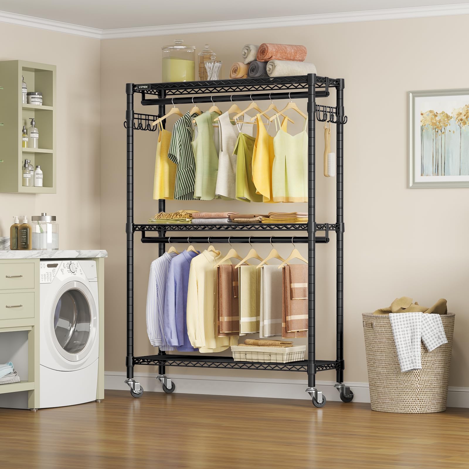 VIPEK R2 Plus garment rack side view with double rods.