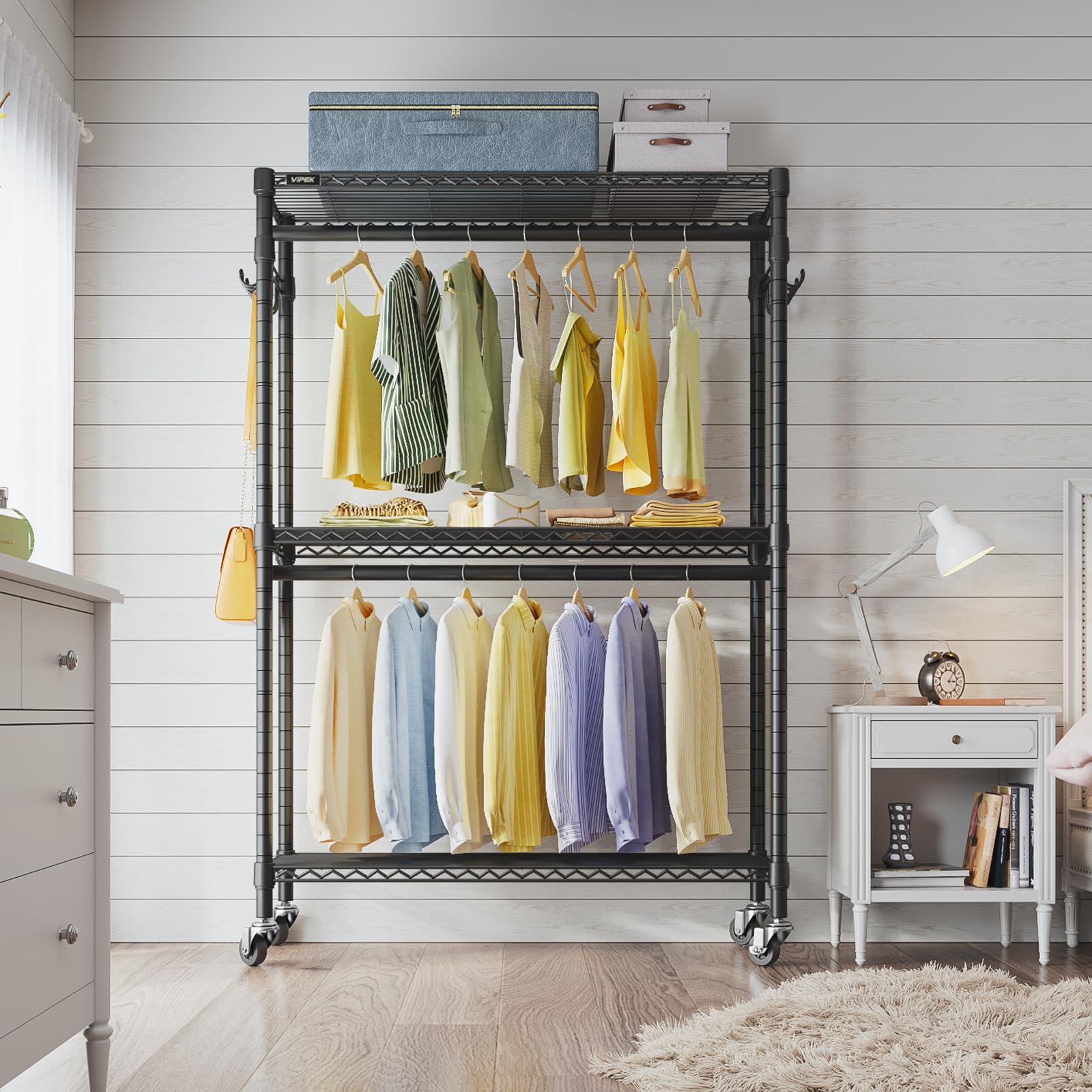 VIPEK R2 Plus mobile garment rack on hardwood floor showing easy mobility.