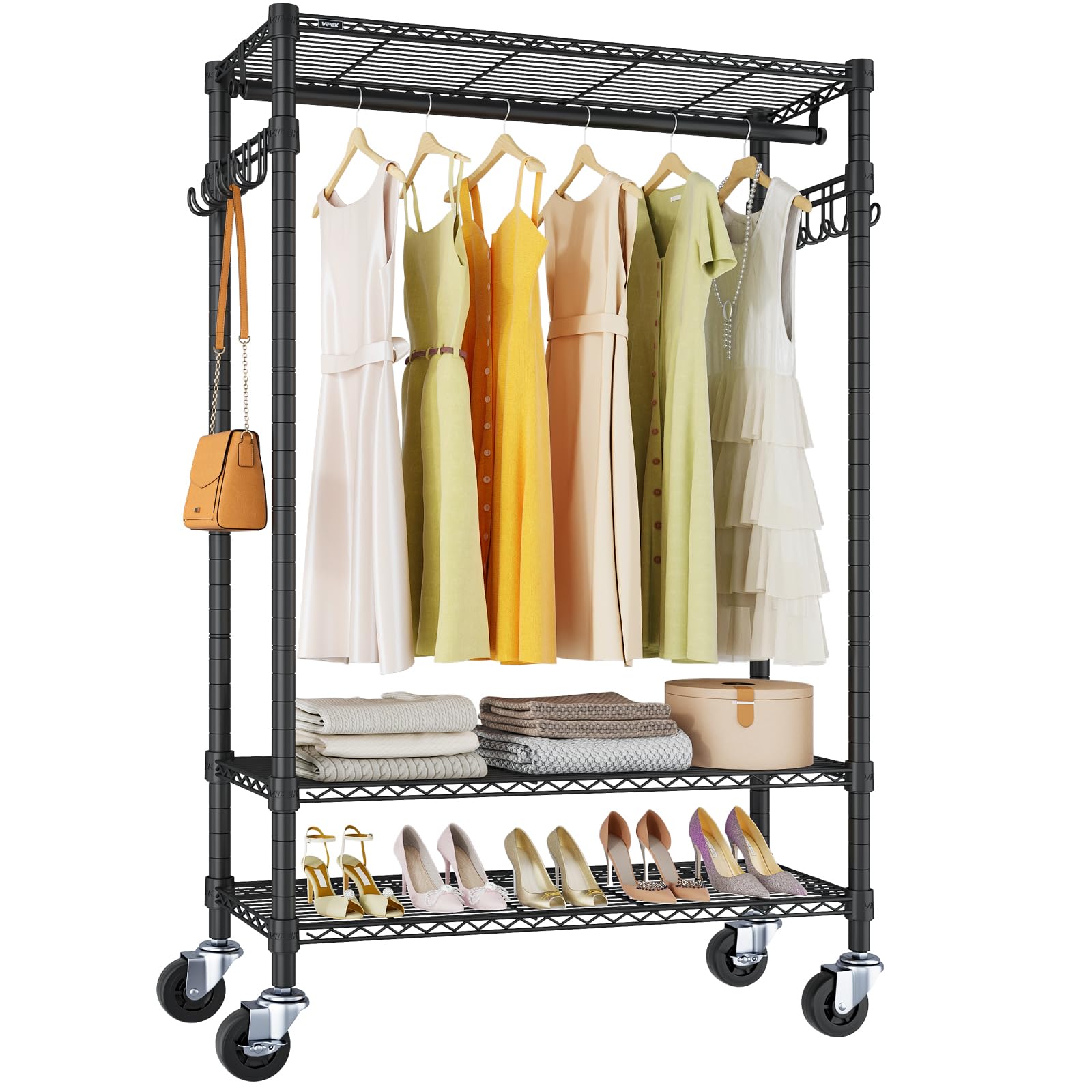 VIPEK R3 heavy-duty rack with lockable wheels for stable, mobile garment storage.