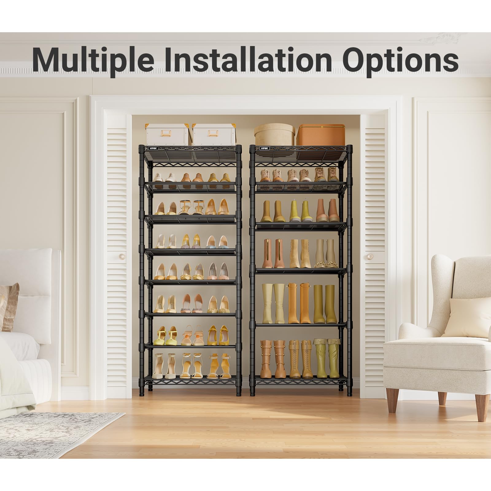 VIPEK S1 detachable shelves adjust space for boots and shoes.