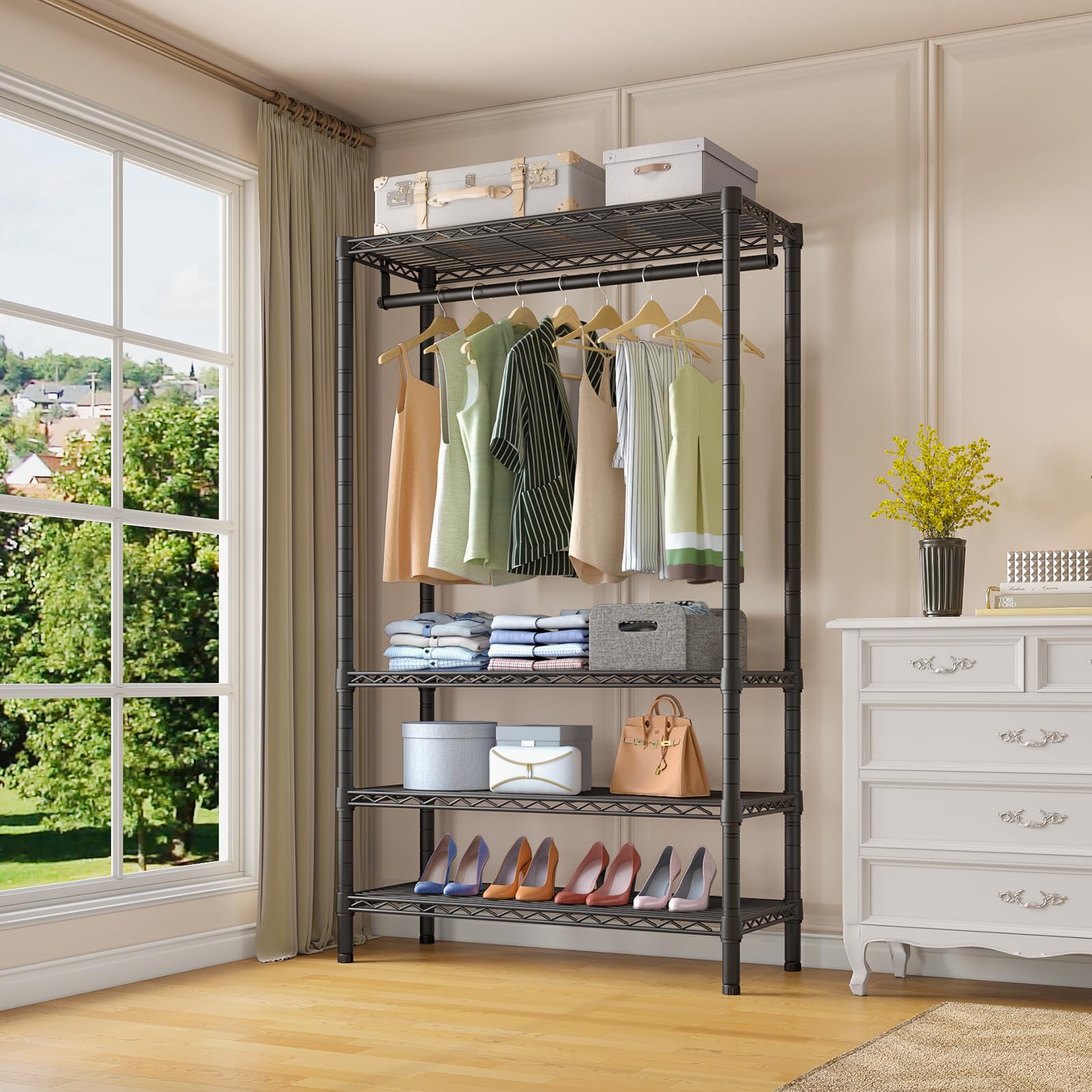 VIPEK V1 tall freestanding rack shown in a bedroom for versatile garment organization.