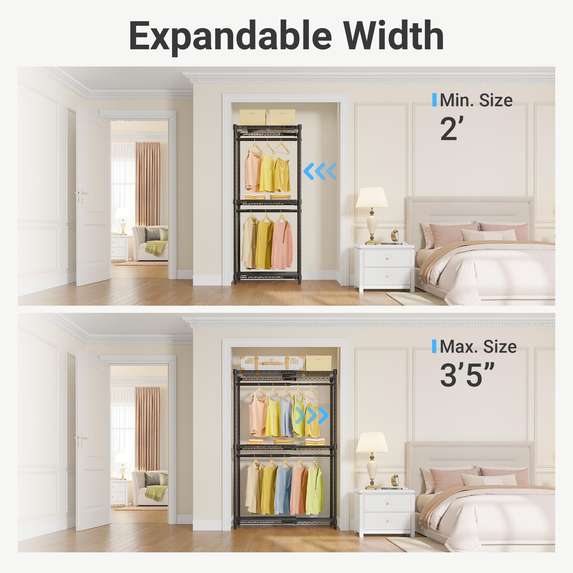 VIPEK X1 extendable hanging rods offer flexible garment organization at a glance.