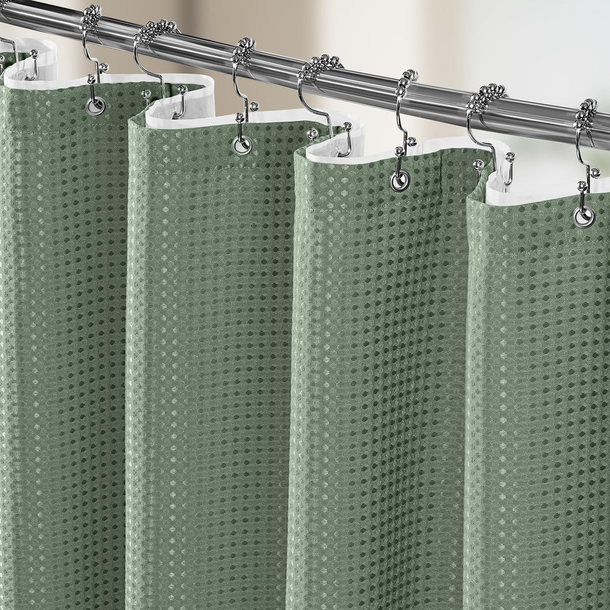 Vipfree waffle-curtain in sage green enhances privacy and elegance.