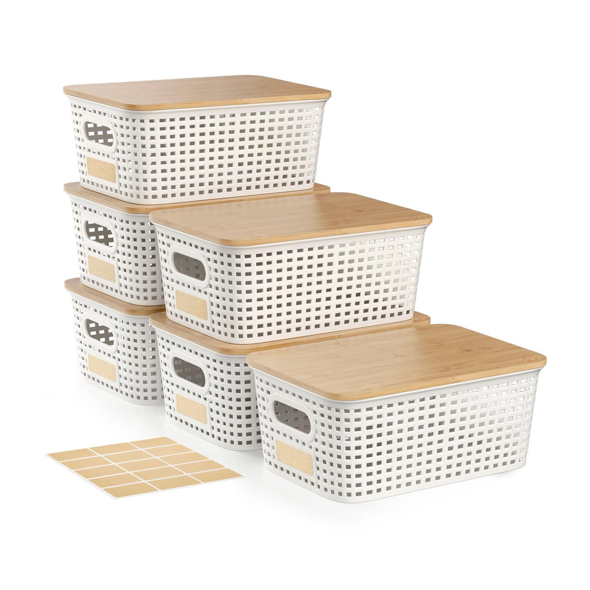 Viphope storage bins with bamboo lids, front view shows space-saving stackable design.