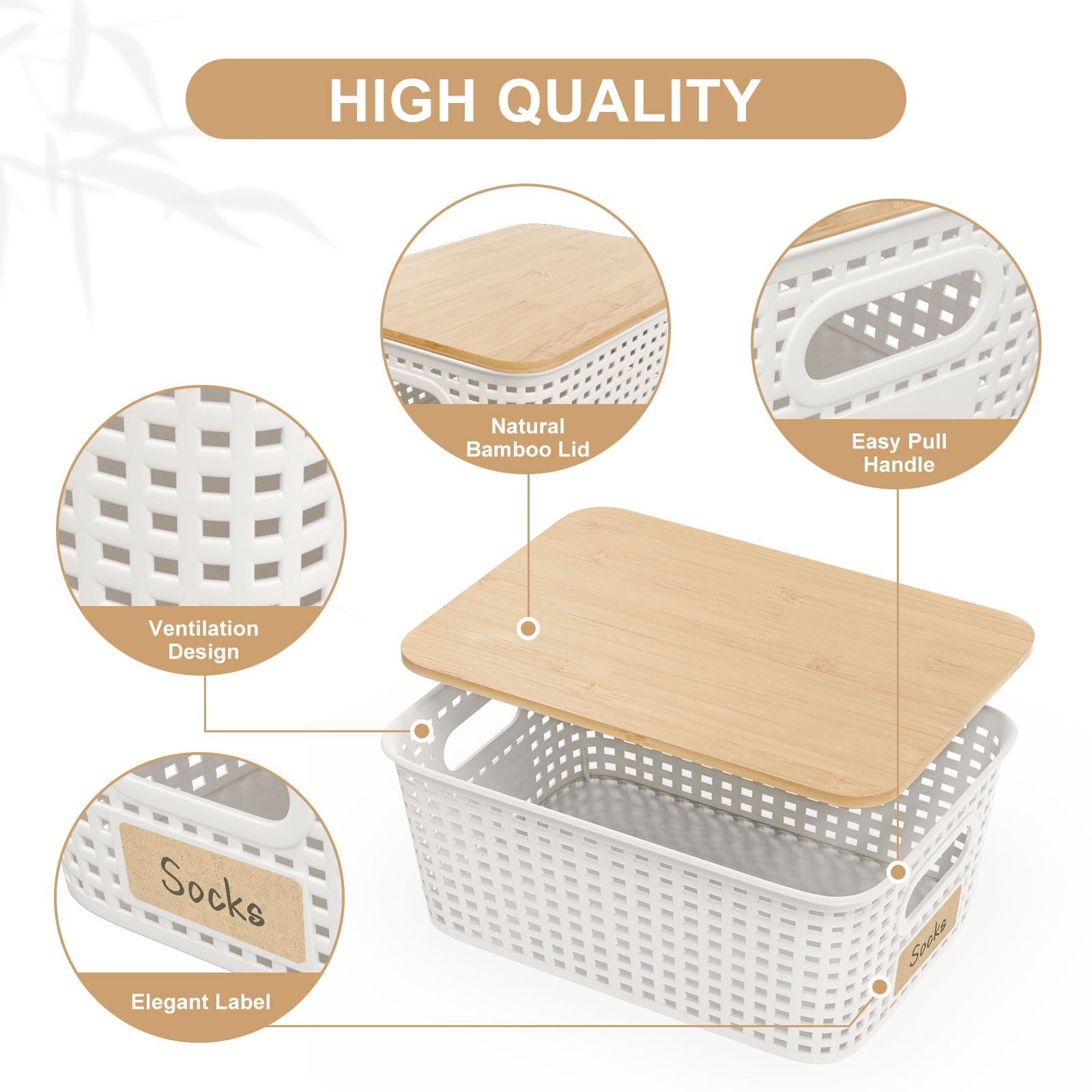  Viphope bamboo lid bins with labels included for quick item classification.