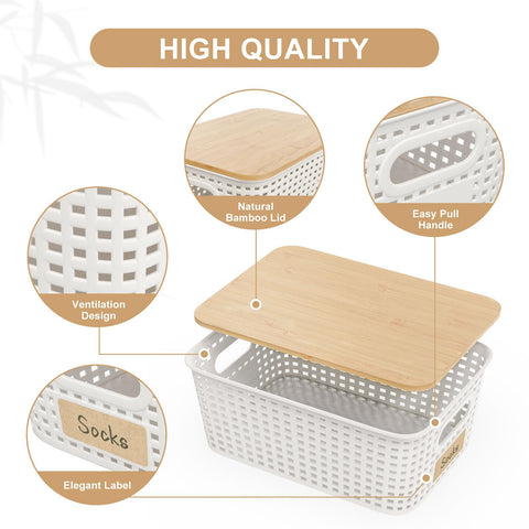 Viphope bamboo lid bins with labels included for quick item classification.