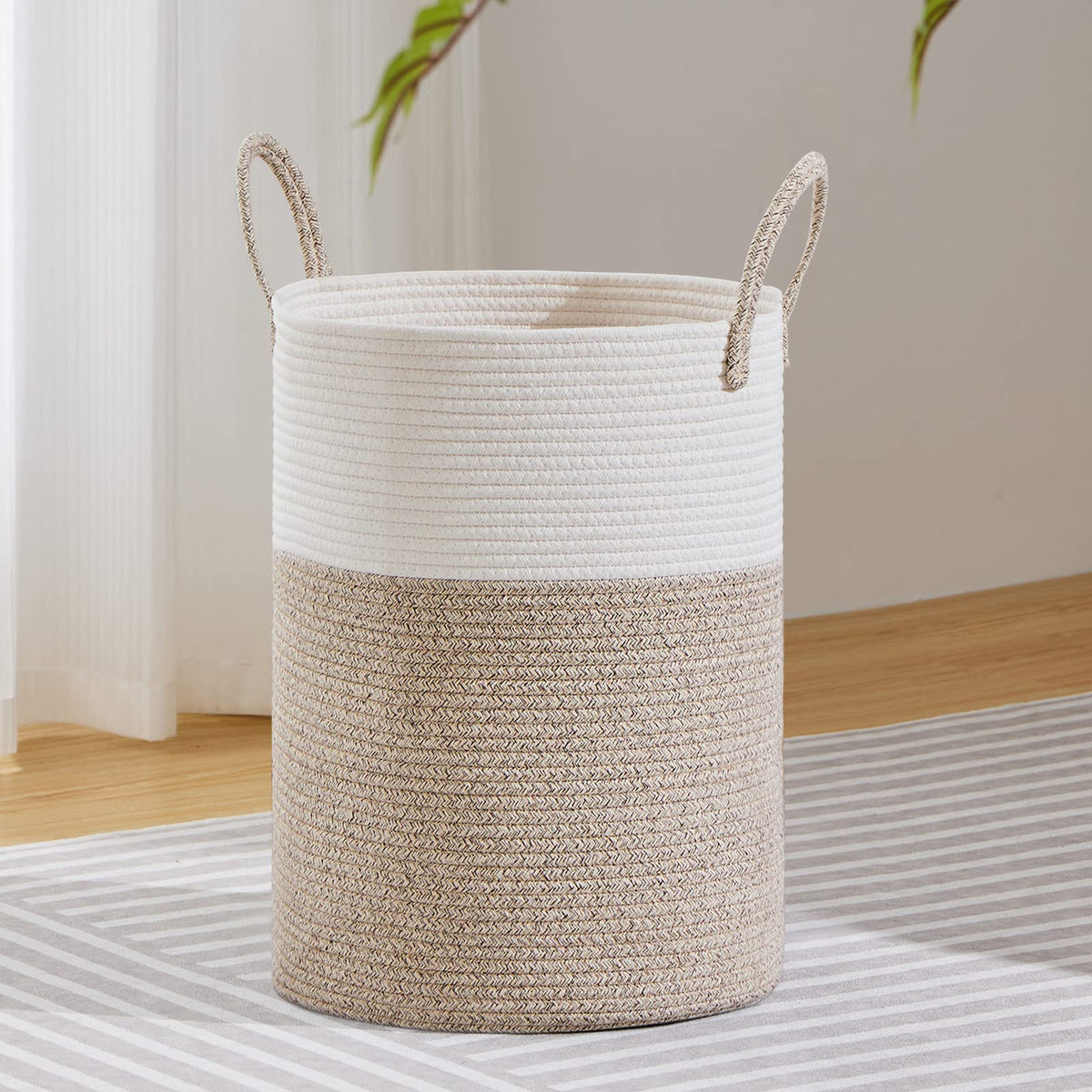 VIPOSCO laundry hamper front view in white and brown showing tall, space-saving design