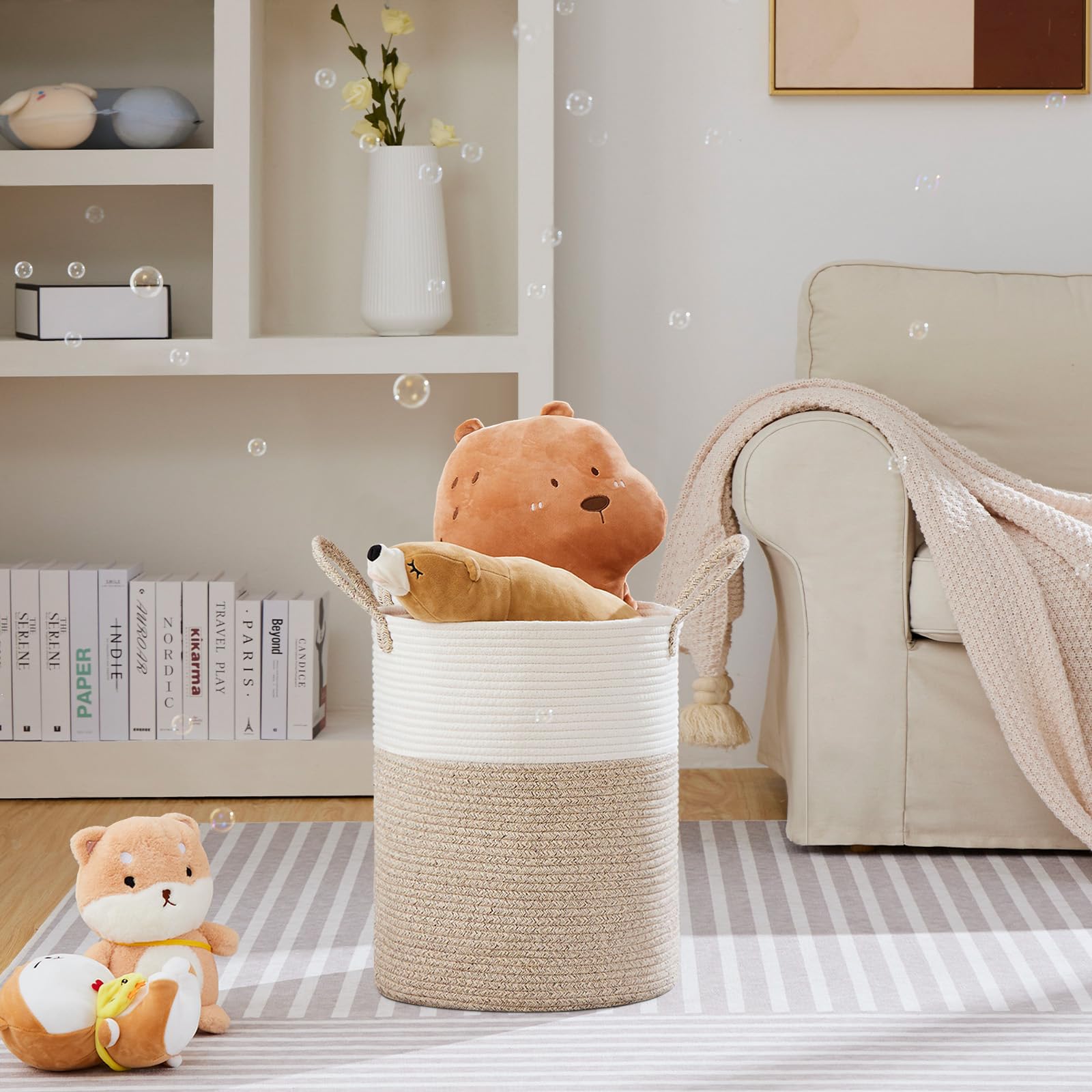 VIPOSCO storage basket for blanket and toy organization in white and brown.