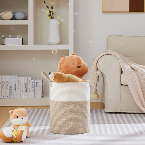 VIPOSCO storage basket for blanket and toy organization in white and brown.