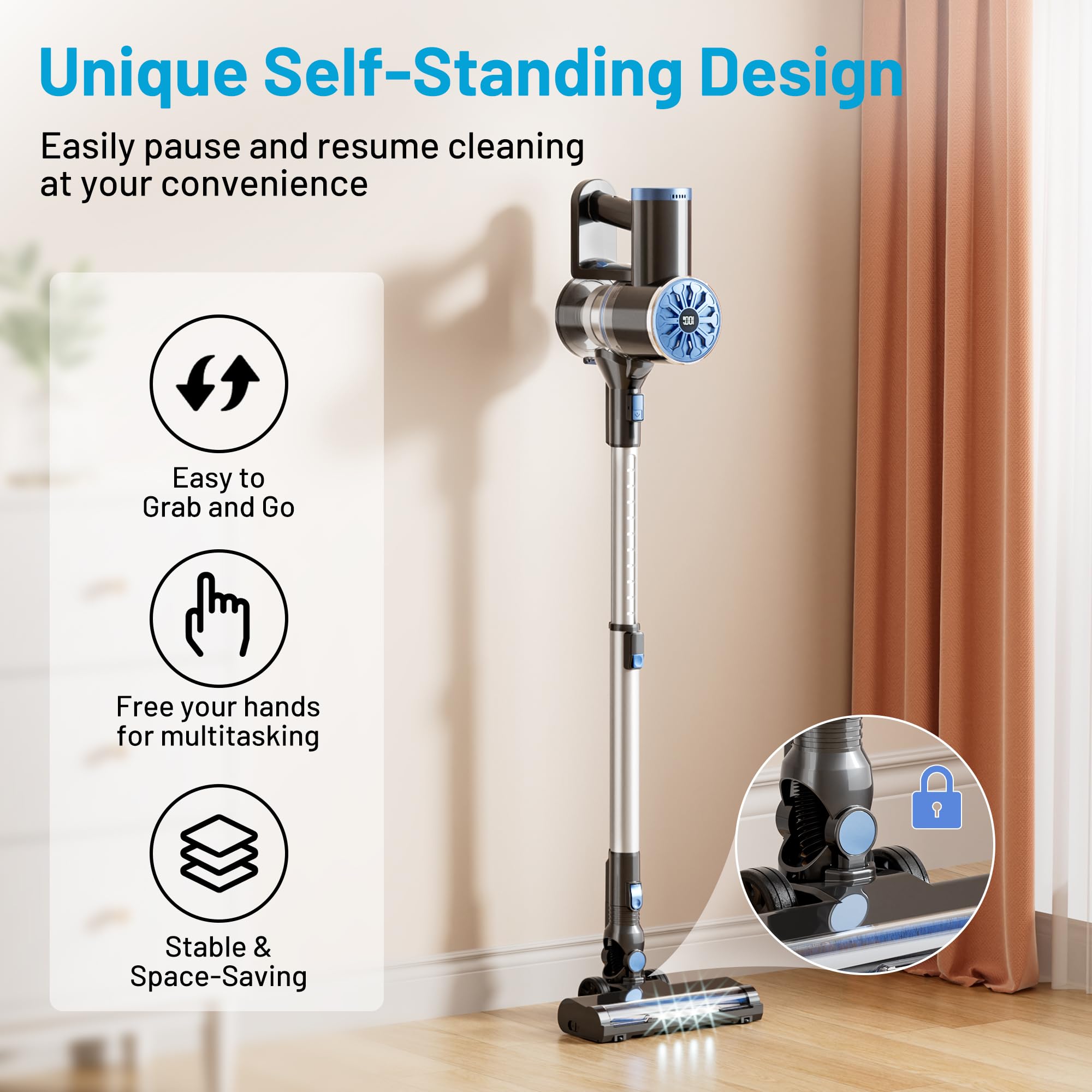 VIPSUN 30KPa suction reaches tight corners and under furniture