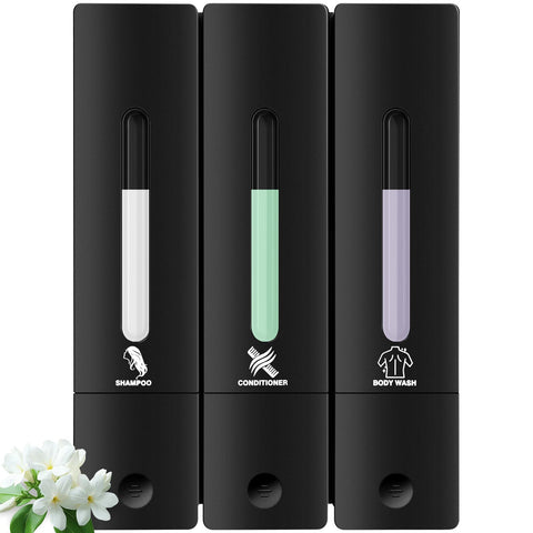 ViserVita 3-Chamber dispenser with outlet button for smooth shampoo and conditioner release.