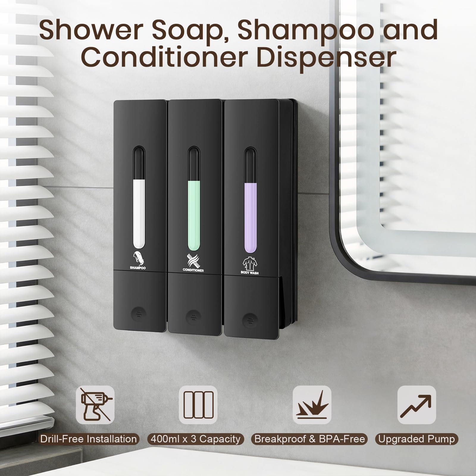 ViserVita wall-mount dispenser keeps shower organized and accessible.