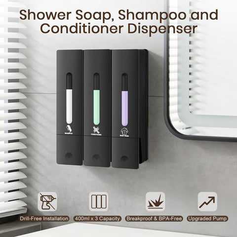 ViserVita wall-mount dispenser keeps shower organized and accessible.