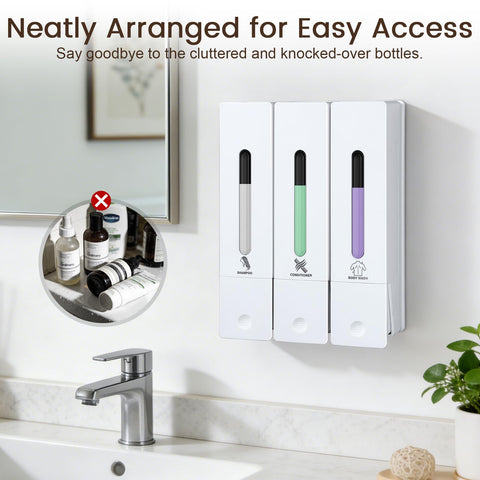 ViserVita 3-Chamber Wall-Mounted Shampoo & Conditioner Dispenser | No Drill, 1200ML