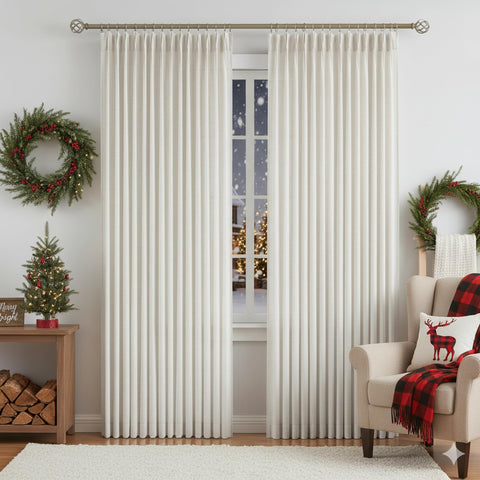 Vision Home beige curtains create cozy ambiance in bedroom or living space.