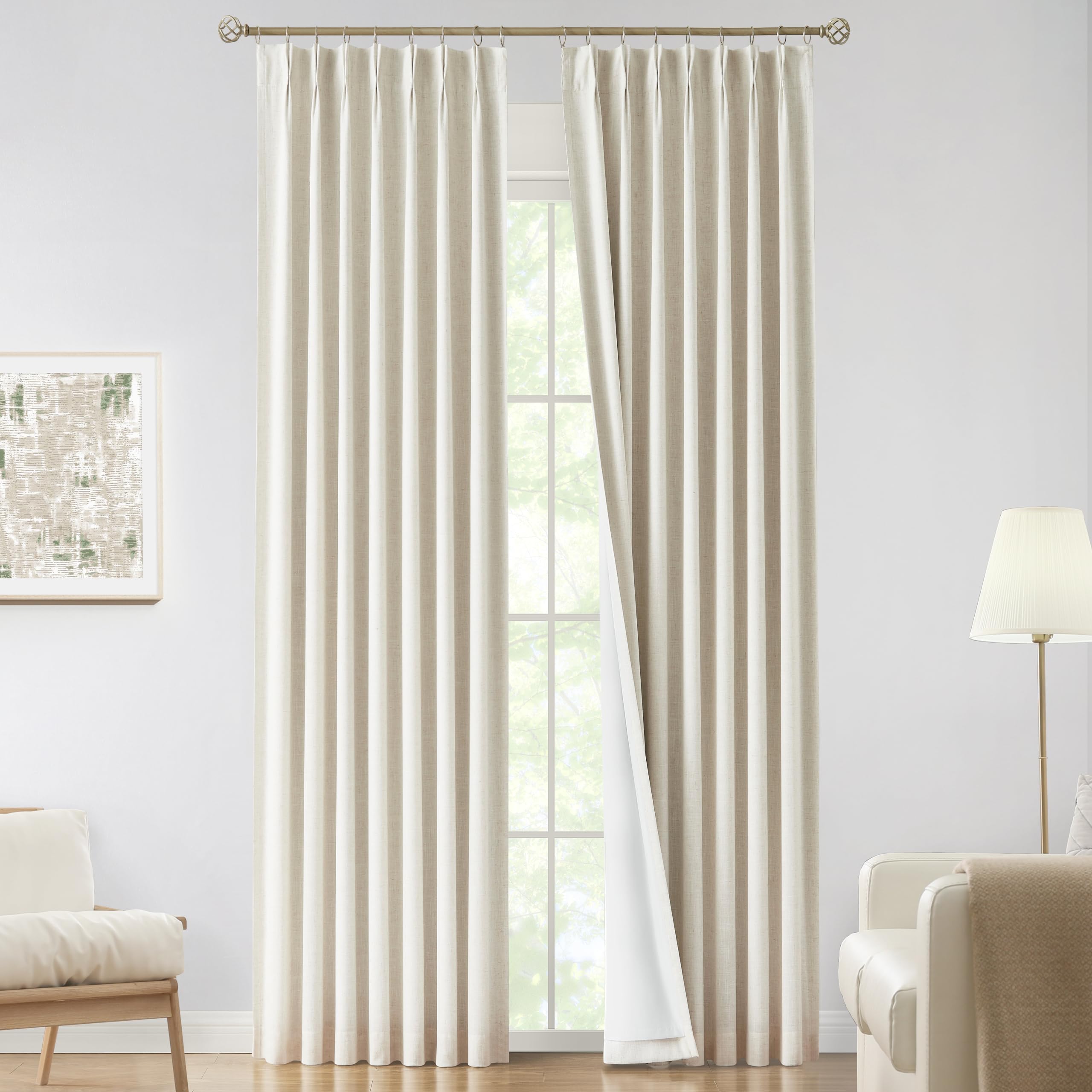 Vision Home natural pinch pleated curtains closeup showing linen texture and blackout lining.