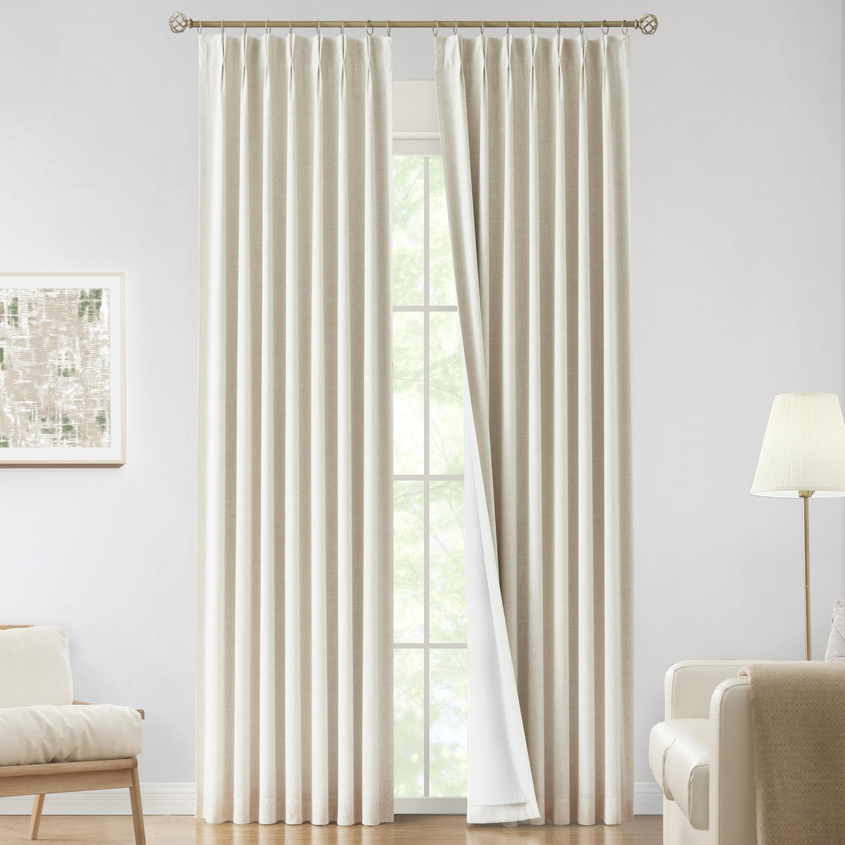 Vision Home natural pinch pleated curtains closeup showing linen texture and blackout lining.