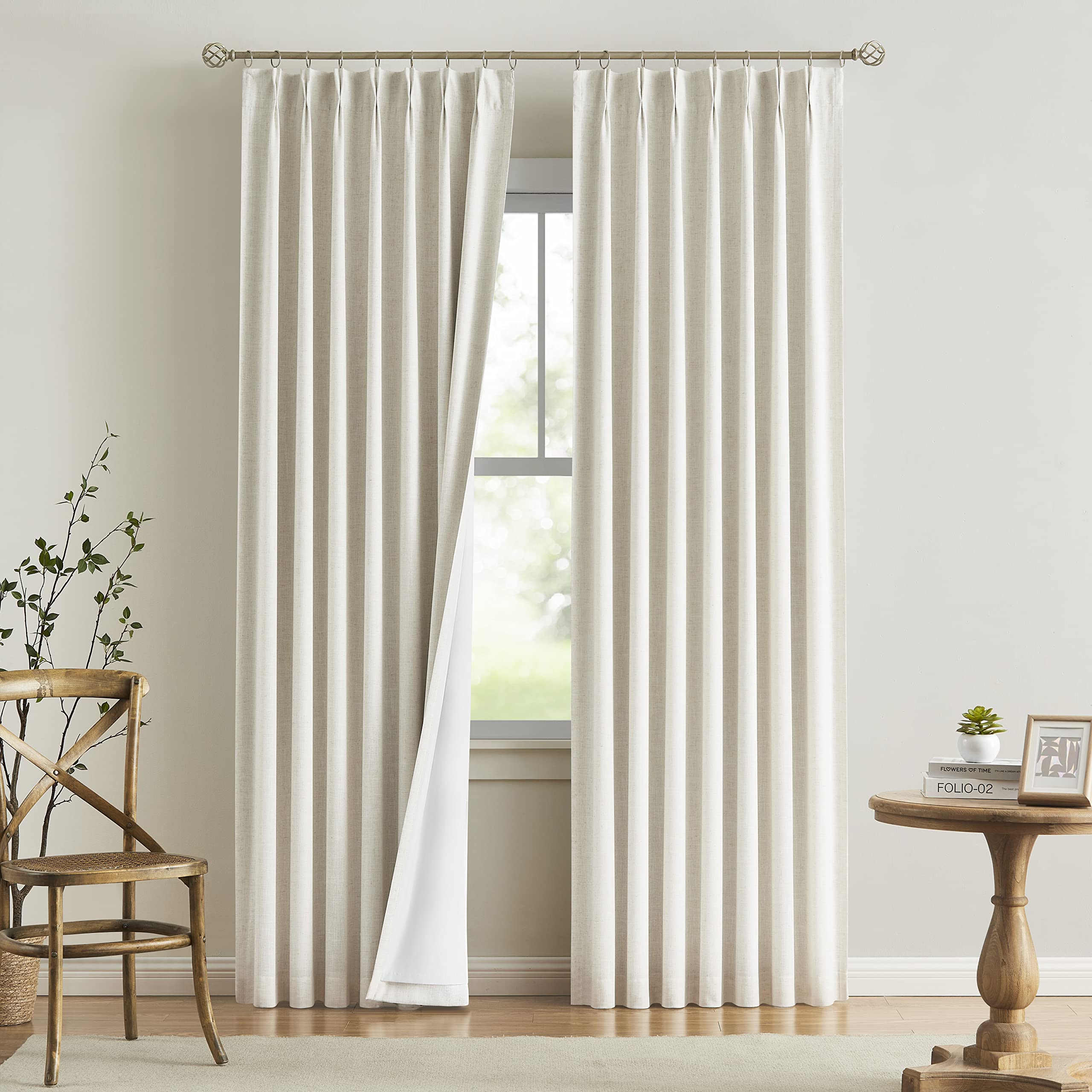 Vision Home pinch-pleated curtain close-up showing linen texture and light control