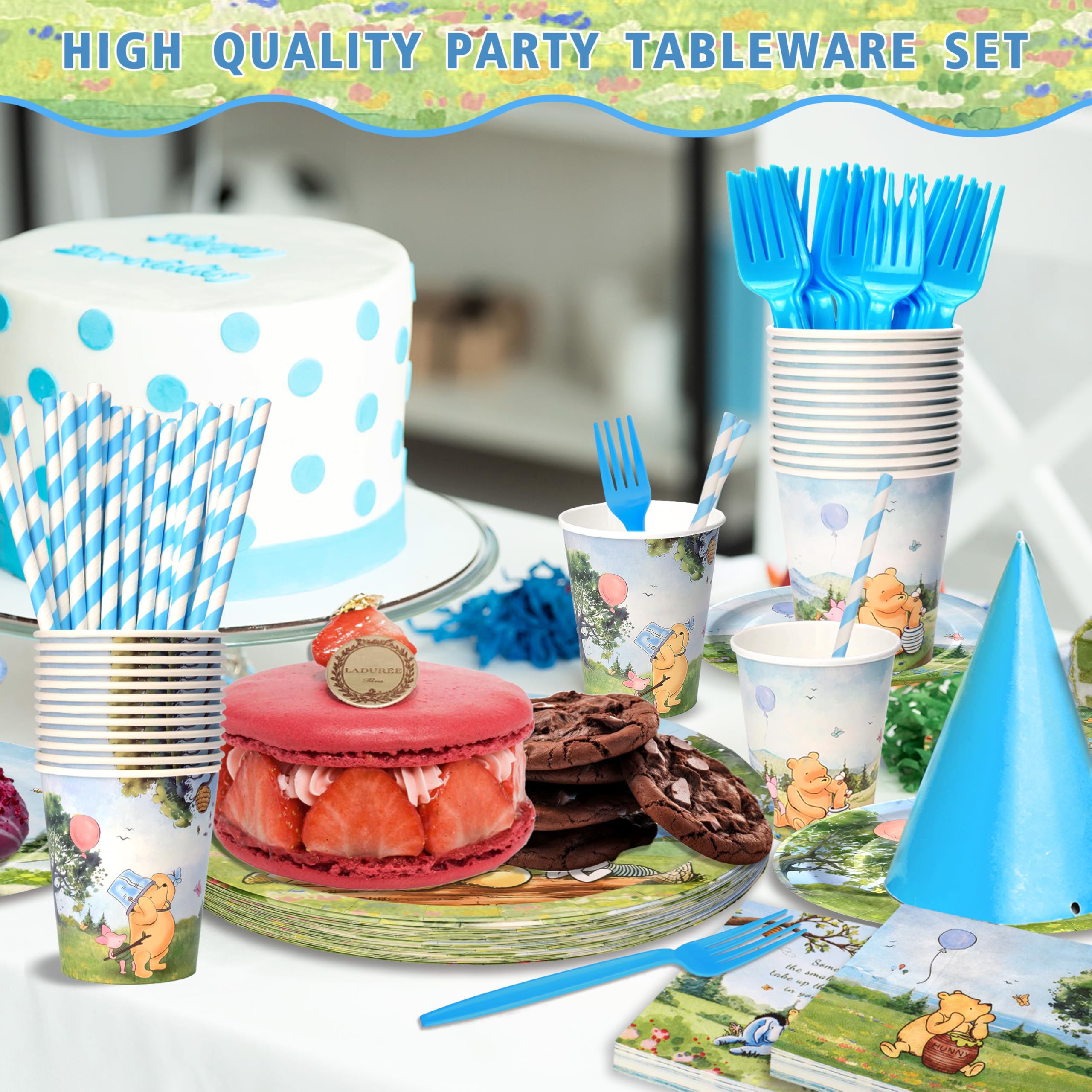Vistico Winnie Bear tableware set for a coordinated Winnie-themed birthday or baby shower.
