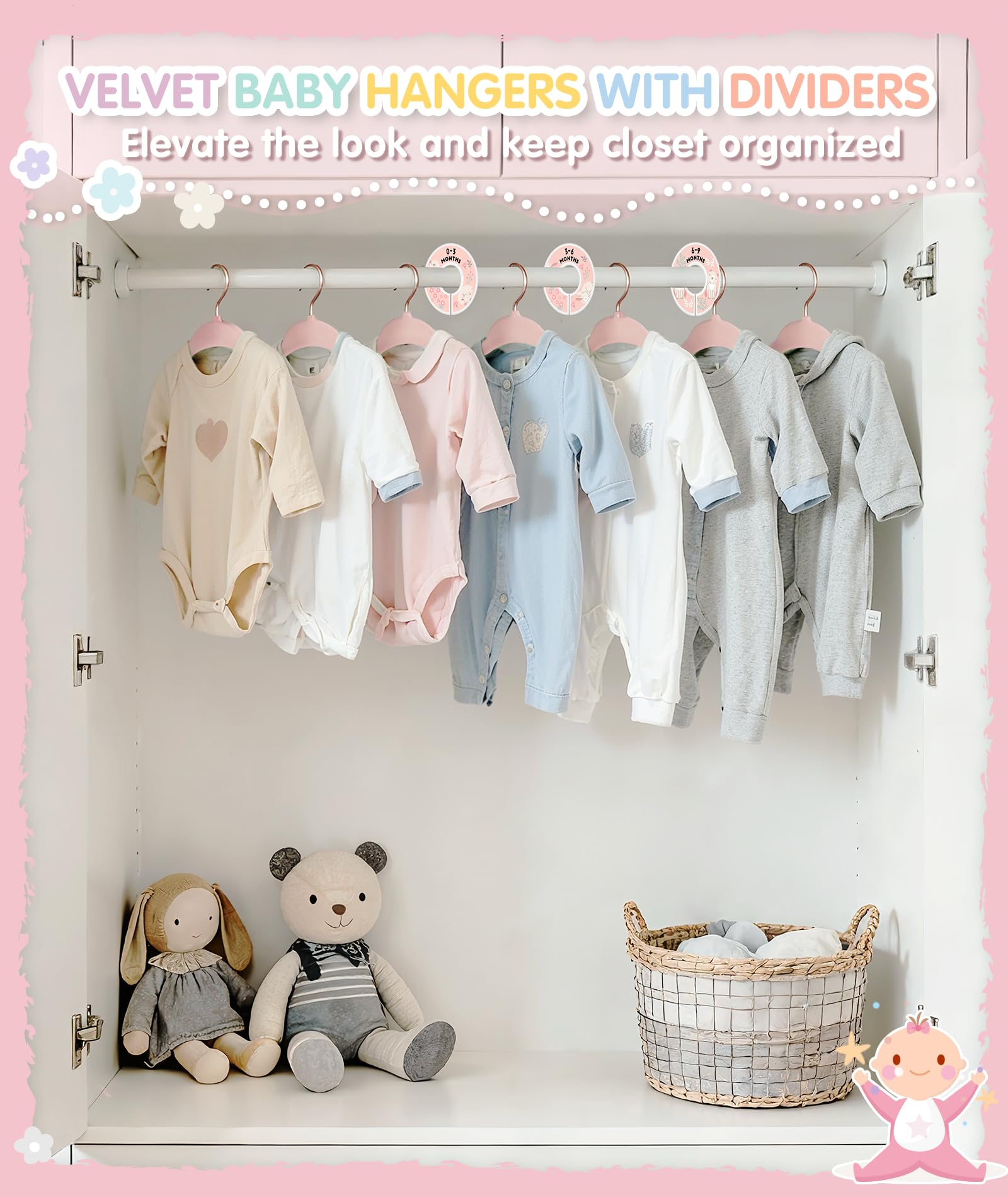 VIS'V pink velvet hangers feature 360° swivel hooks for easy access.