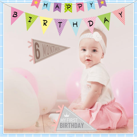 VitalCozy colorful pennants as baby photo prop in ocean hues
