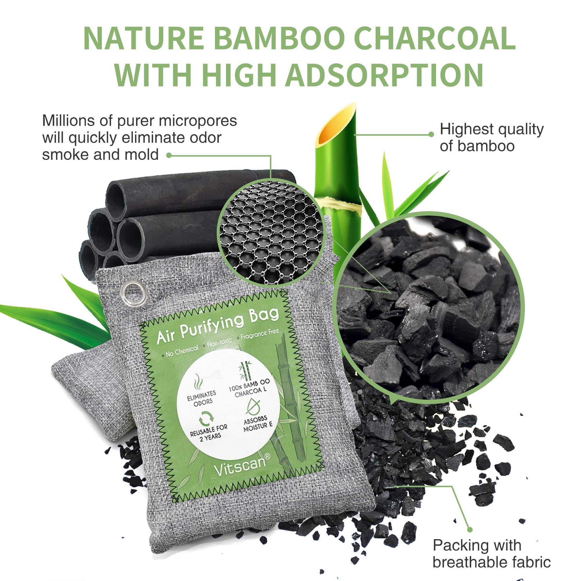 Close-up of activated bamboo charcoal showing high adsorption surface area for rapid odor control.